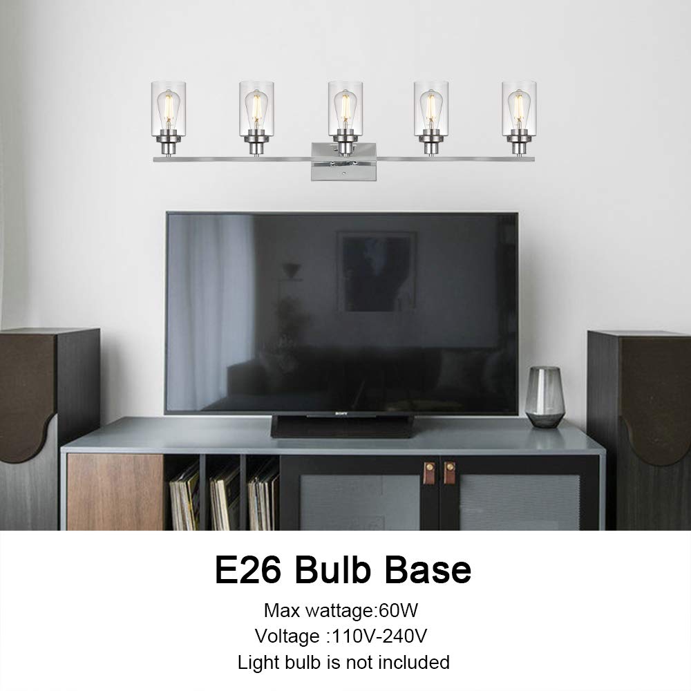 MELUCEE Modern 5-Light Bathroom Vanity Lighting Set - Chrome Finish with Clear Glass Shade, Contemporary Wall Mounted Mirror Lights for Dressing Table & Cabinet - Perfect for Bathroom Makeup Area, Spa Style Decor (Patent: US D963914 S)