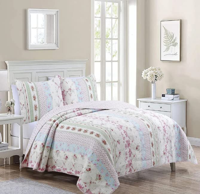 3 Piece King Size Quilt Set - Vintage Patchwork Design with Pink Roses - Soft Bedding for Master Bedroom, Guest Room & Cozy Home Decor