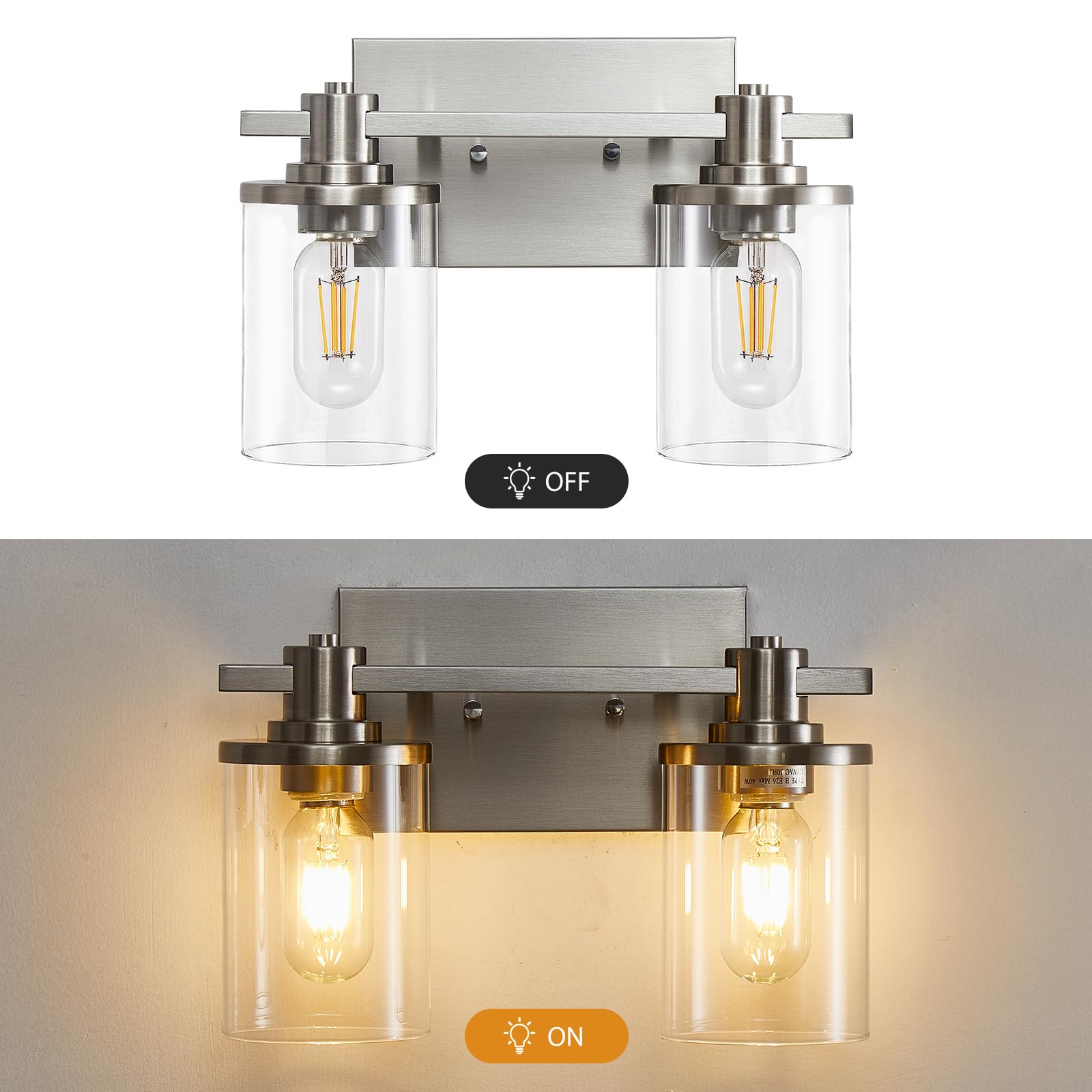 DADUL 2-Light Brushed Nickel Bathroom Vanity Light Fixture with Clear Glass Shade - Modern Wall Sconce for Bathroom Mirror Lighting - Perfect for Bathroom, Powder Room, and Dressing Room Vanity Makeup Area
