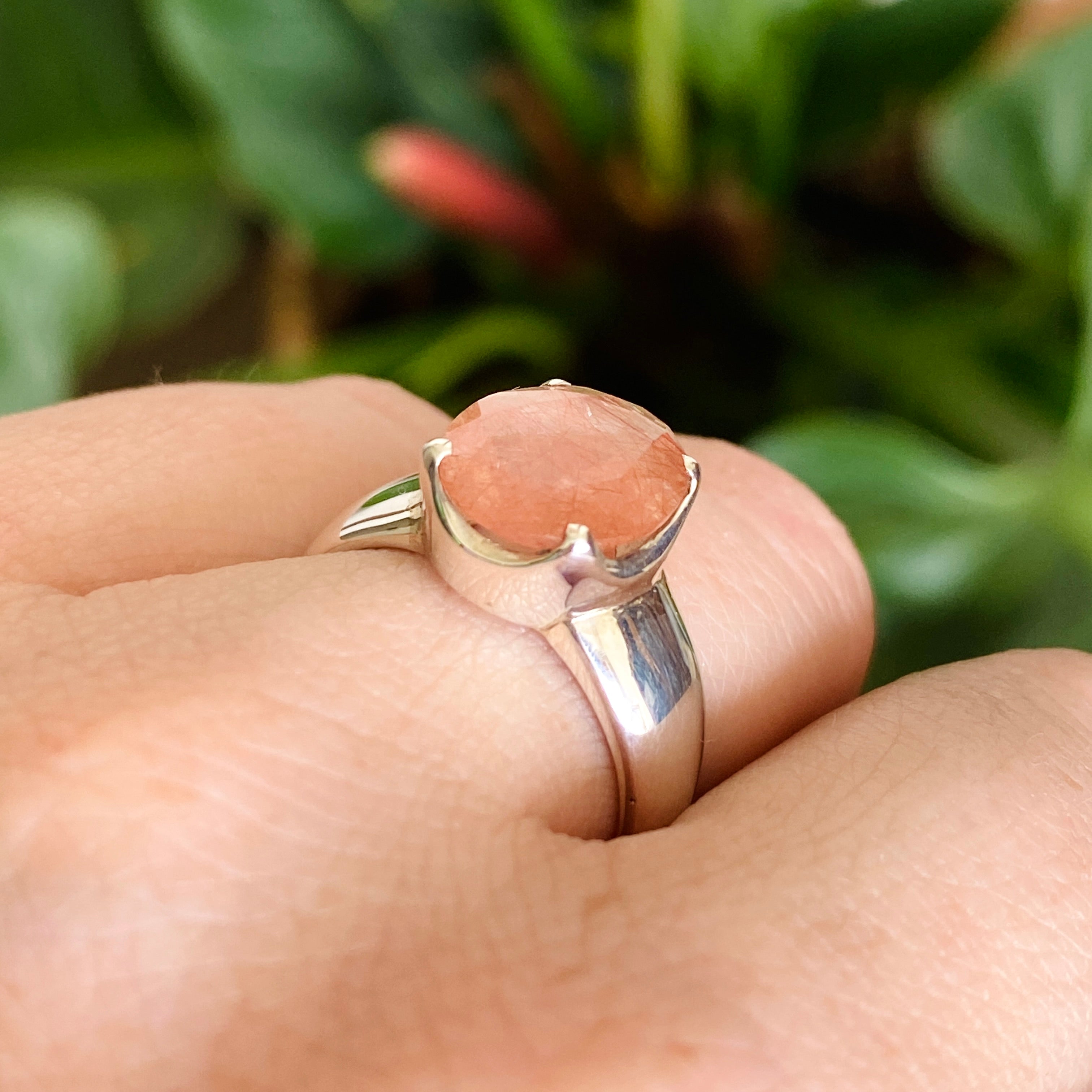 Natural Rutilated Quartz (Red) Oval Faceted Ring Size 6.5 - Handmade Sterling Silver Jewelry for Women, Gift for Her, Wedding, Anniversary & Special Occasions