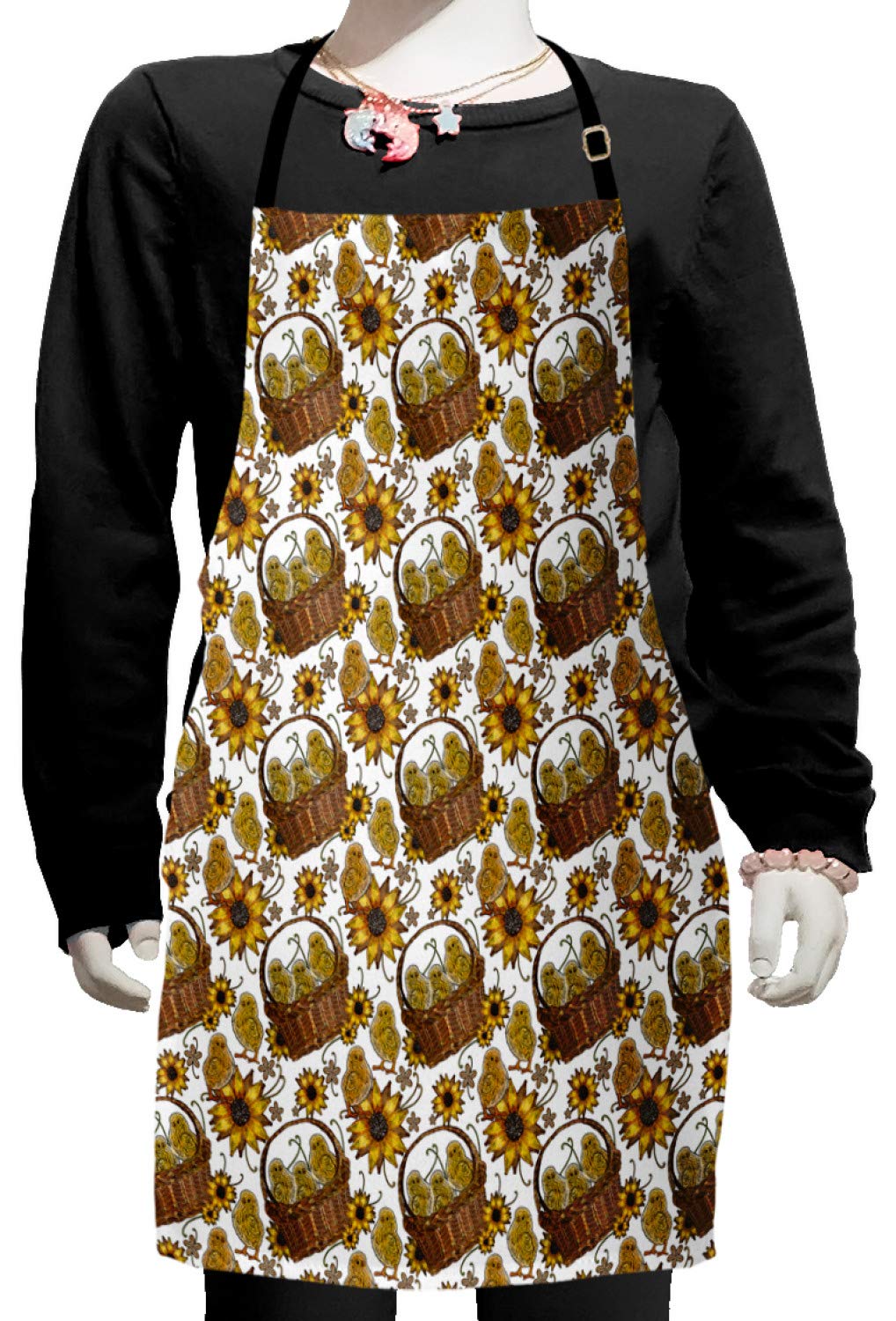 Ambesonne Vintage Yellow Bird Apron - Adjustable Small Bib with Floral Chicken Sketch Design for Baking, Painting & Cooking | Perfect for Kitchen, Art Classes & DIY Crafts