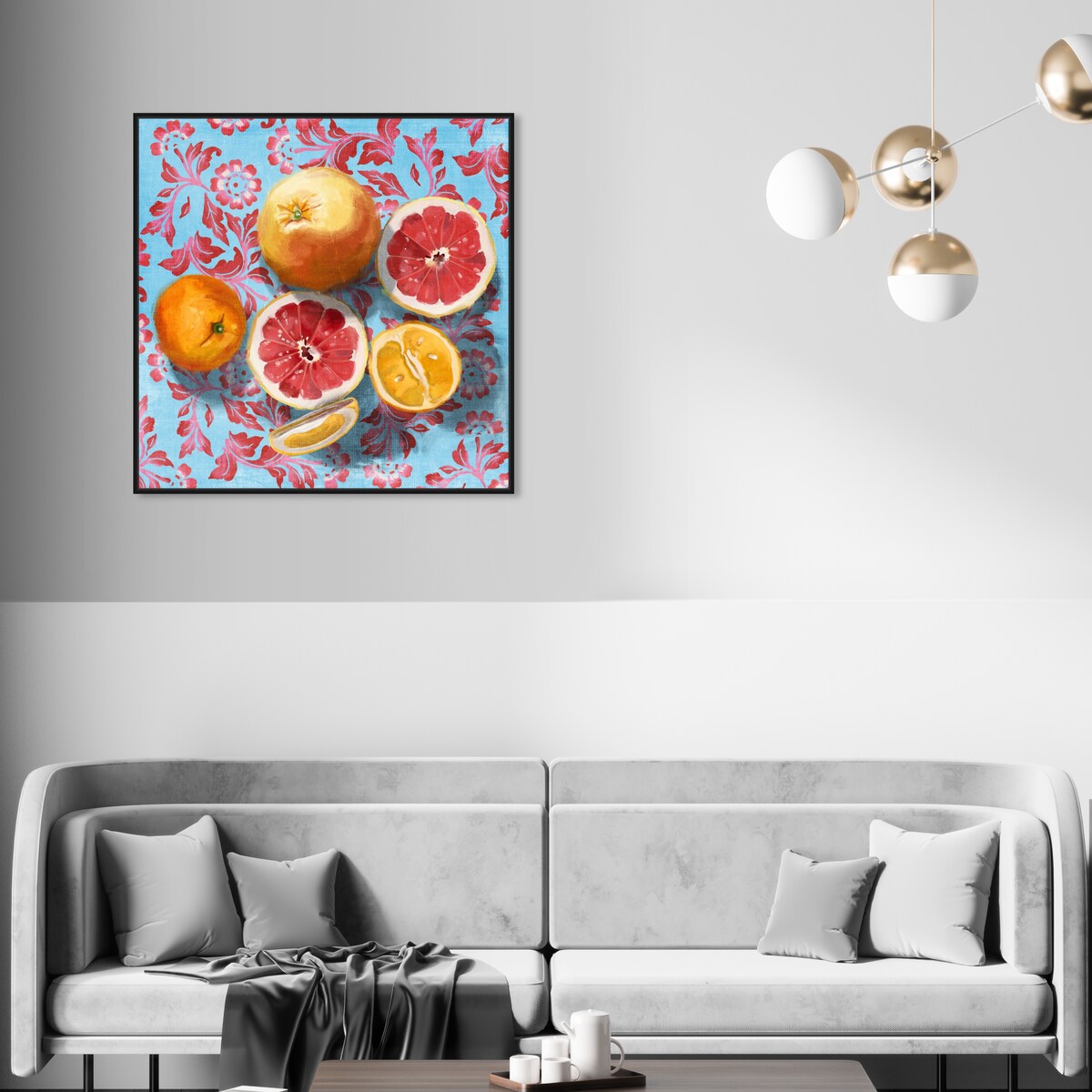 Tropical Citrus Still Life Blue Framed Canvas Wall Art Print - Sour & Vibrant Kitchen Decor for Cabin, Lodge & Home