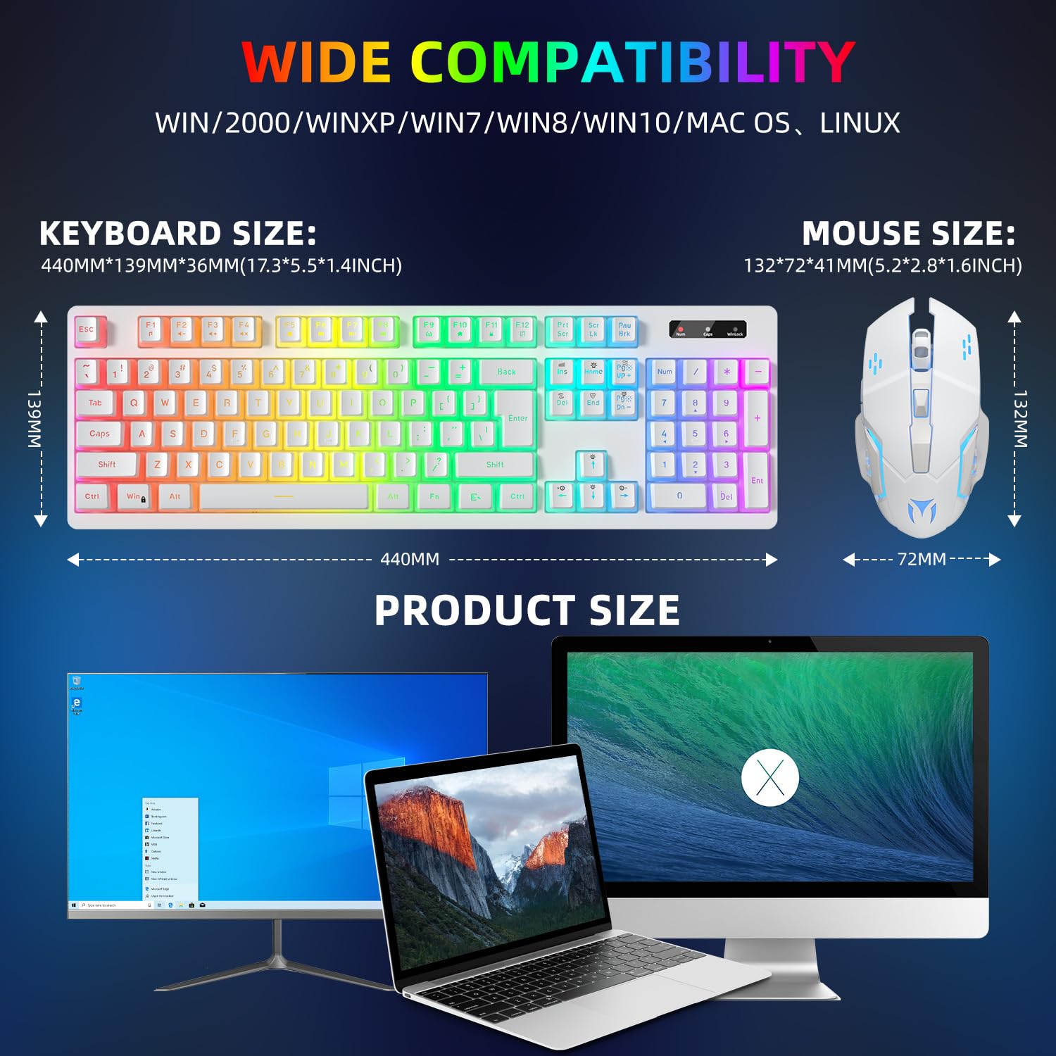 Wireless Gaming Keyboard and Mouse Combo with RGB Backlit - Rechargeable Ergonomic Keyboard Mouse Set for PC, Laptop, Mac | Long-Lasting Battery | Perfect for Gaming, Work & Office (White)