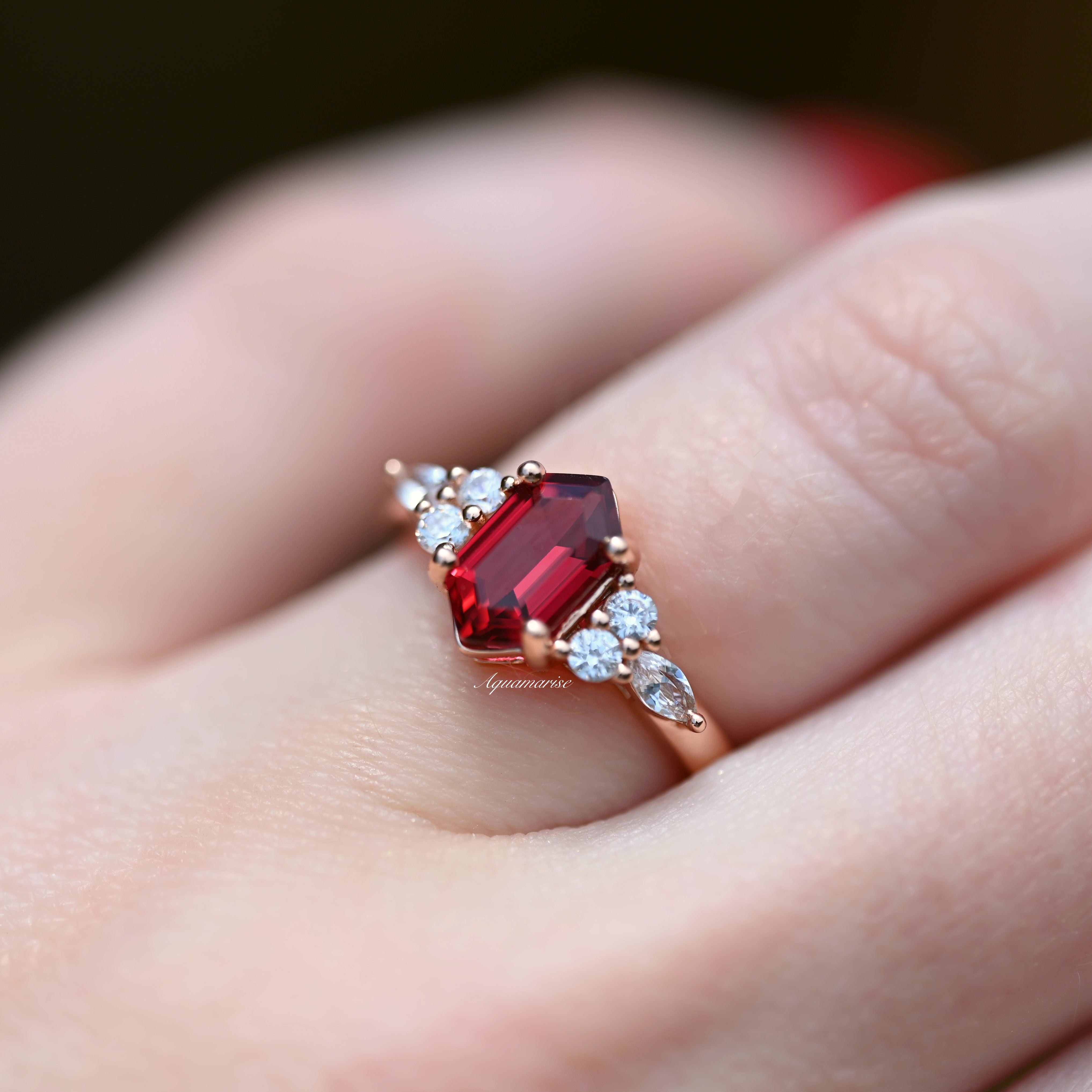 14K Rose Gold Vermeil Sonnet Hexagon Ruby Ring - Elegant Jewelry for Women, Perfect for Weddings, Anniversaries & Special Occasions