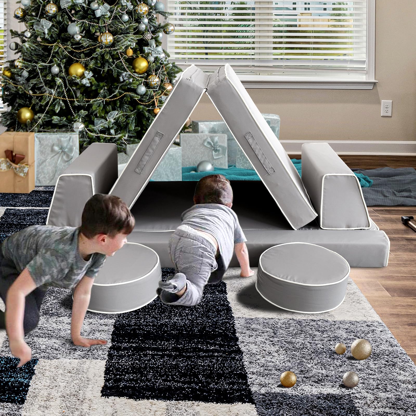 Modular Kids Play Couch - Convertible Foam Sectional Sofa for Toddlers & Children | Grey Floor Cushion for Bedroom, Playroom & Imaginative Play | Durable & Safe for Boys & Girls