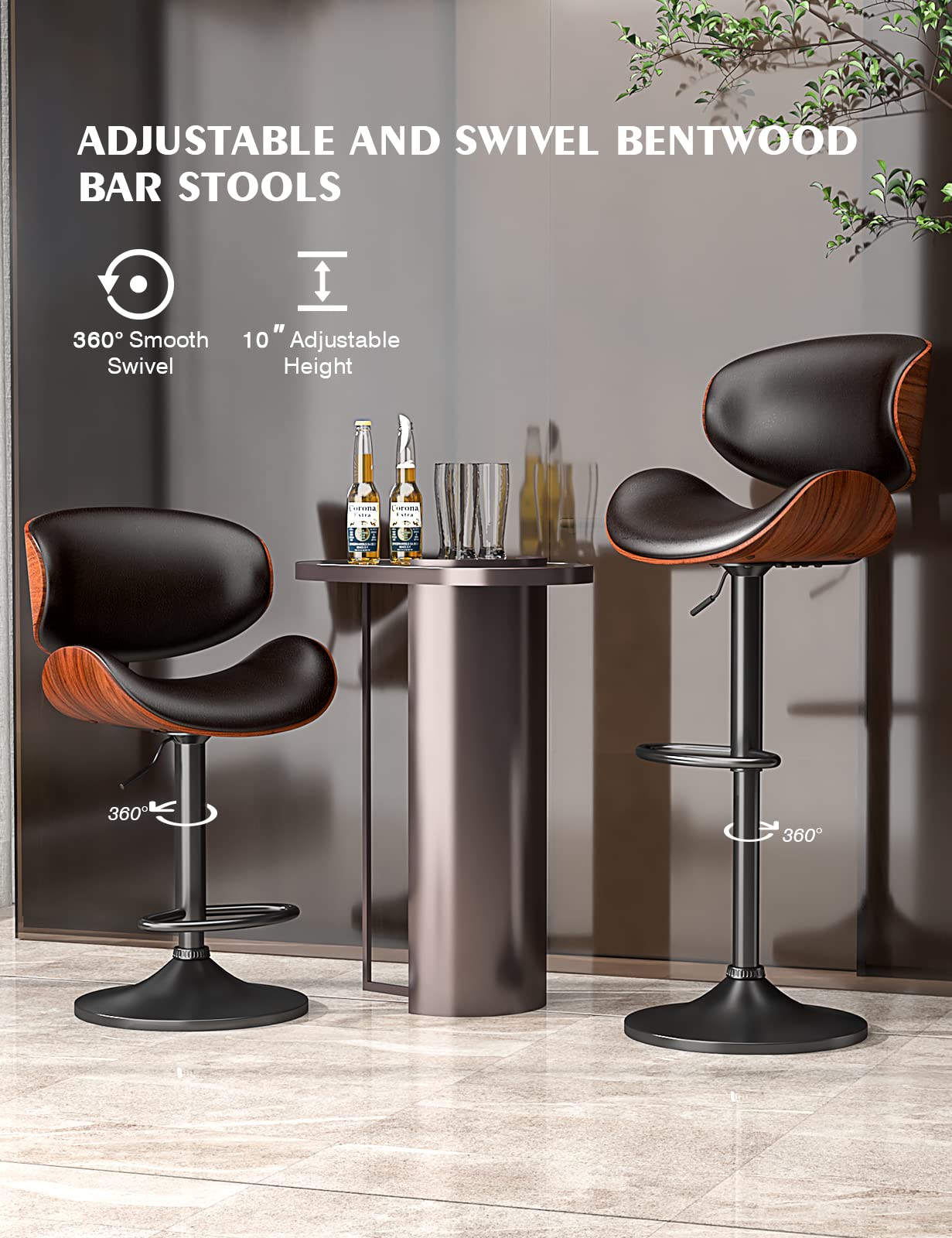 2 Pack Adjustable Swivel Bar Stools with Backrest & Footrest - Modern PU Leather Upholstered Bentwood Bar Chairs for Kitchen Counter, Dining Room & Home Bar - Perfect for Entertaining, Breakfast Nooks & Kitchen Islands (Black)