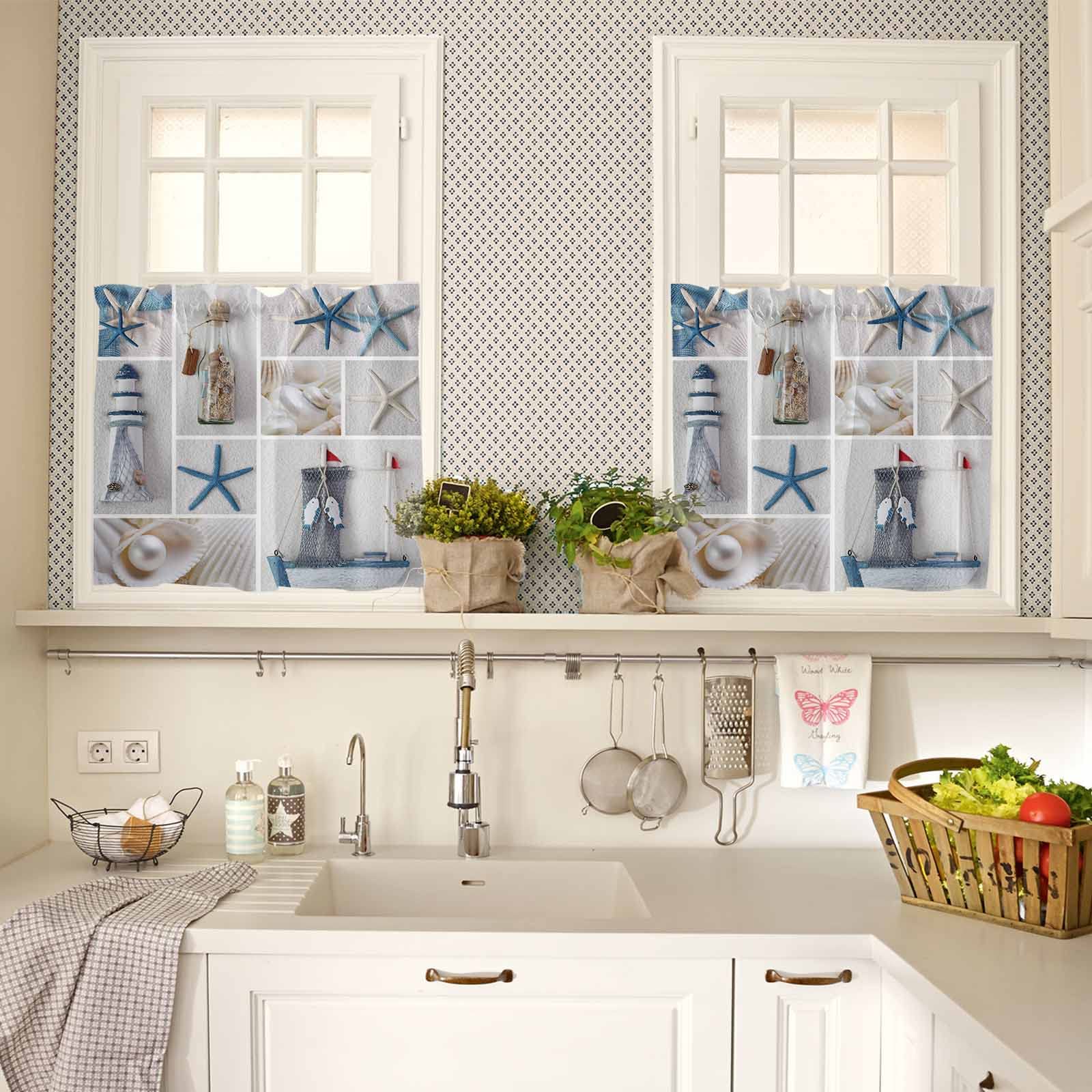 Chucoco 3-Piece Kitchen Curtain Set with Rod Pocket - Nautical Starfish Lighthouse Sailboat Design for Small Windows | Perfect for Beach House Decor & Coastal Themed Kitchens