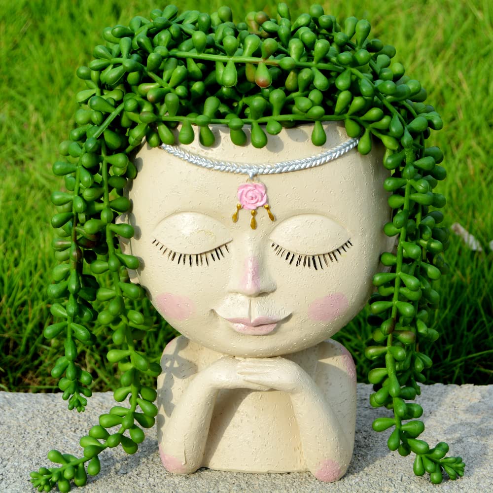 BXLE Cute Girl Face Planter Pot - Resin Princess Flower Vase for Indoor Plants, Female Bust Decor Statue Gift (Pray for Health) - Perfect for Home Office Desk Decor, Boho Room Aesthetics & Unique Housewarming Present