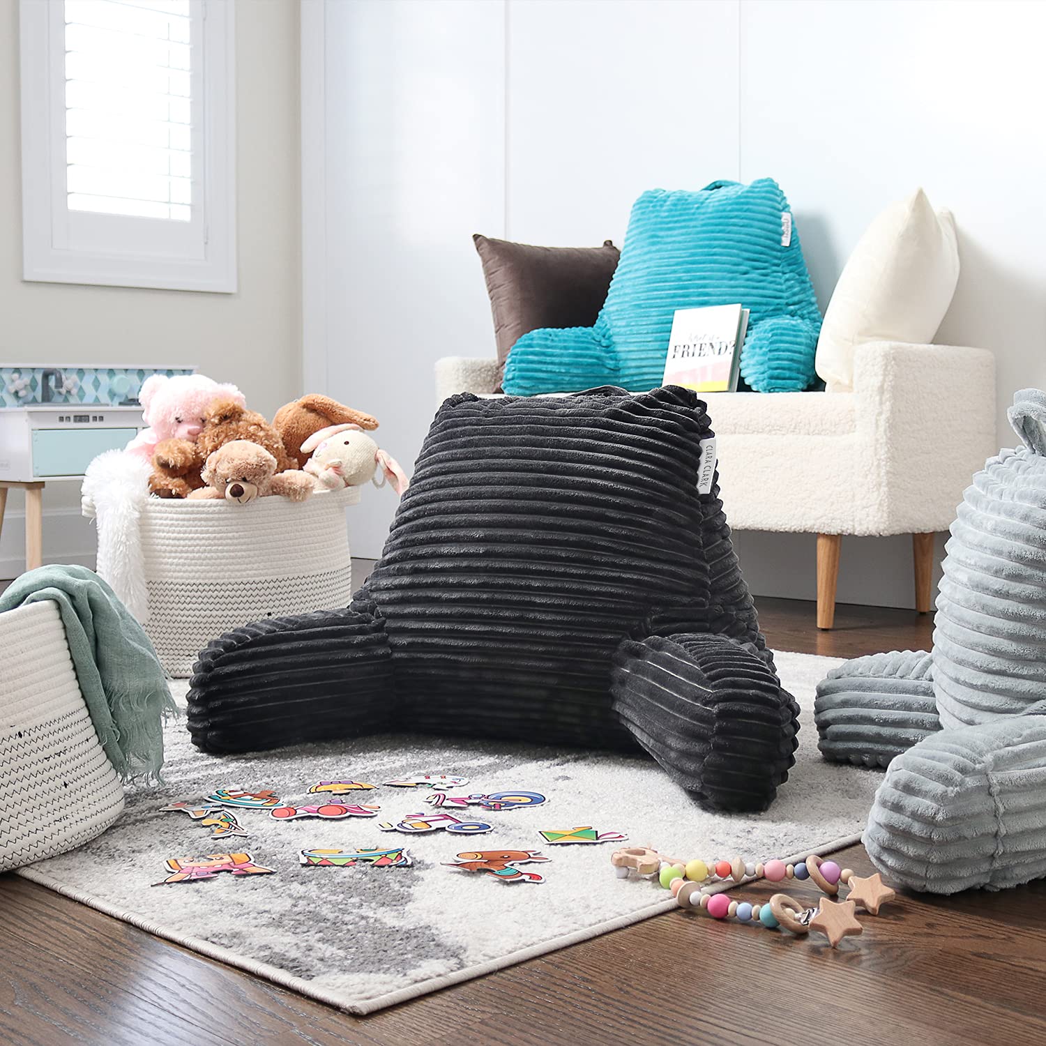 Clara Clark Reading Pillow for Adults - Plush Back Support Pillow with Arms & Pockets, Shredded Foam Bed Rest Pillow for Sitting Up in Bed (Grey) - Perfect for Reading, Watching TV, or Relaxing in Bed