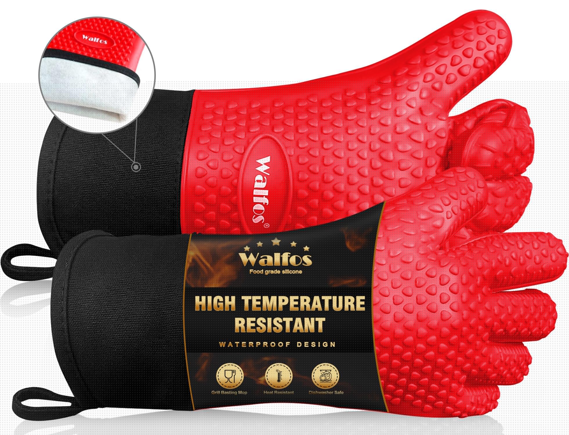 Walfos Heat Resistant BBQ Gloves - Premium Non-Slip Silicone Grilling & Oven Mitts with Cotton Lining, Waterproof Kitchen Gloves for Cooking, Baking, Barbecue & Outdoor Grilling - Perfect for Backyard BBQs, Camping & Home Kitchen Use (Red)