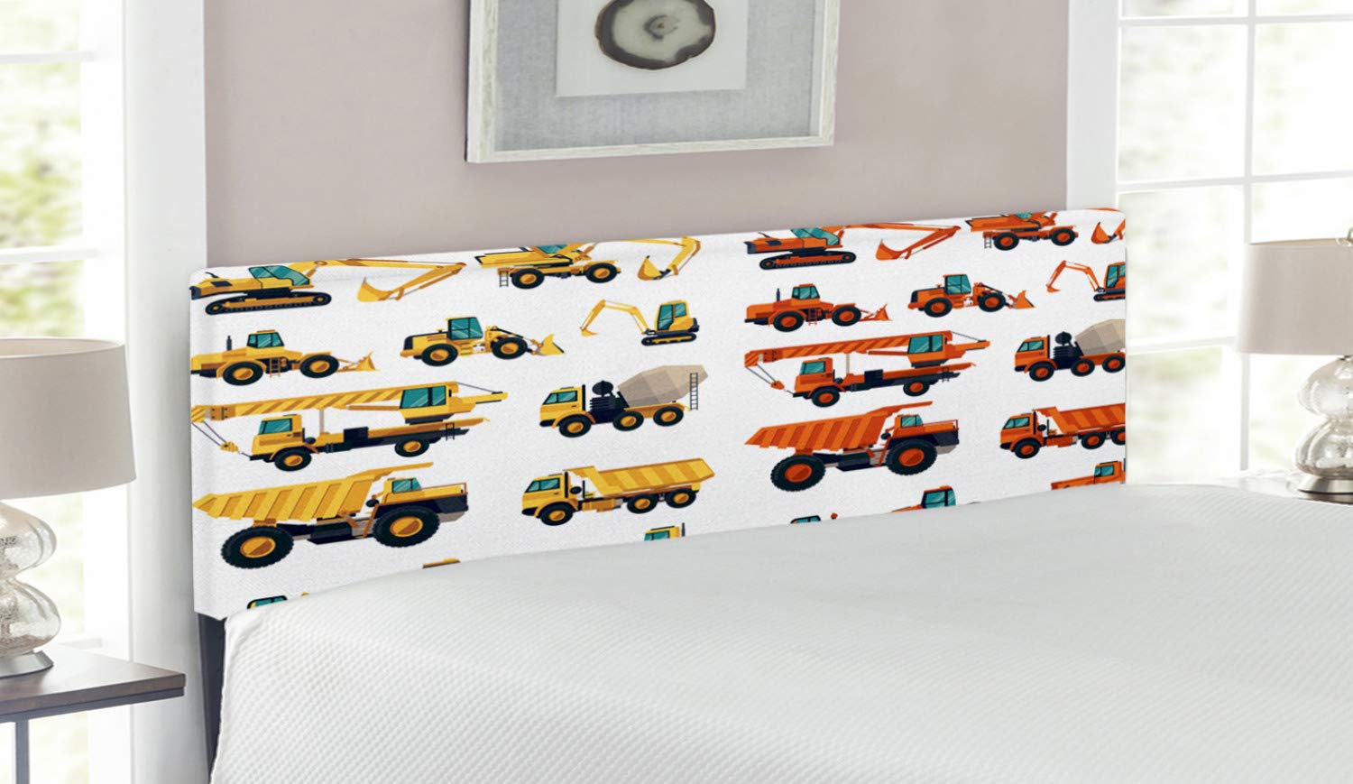 Ambesonne Construction Themed Headboard - Heavy Machinery & Equipment Design for Mechanics, Upholstered Metal Bed Headboard with Memory Foam, Queen Size, Multicolor - Perfect for Construction Enthusiasts & Industrial Style Bedrooms