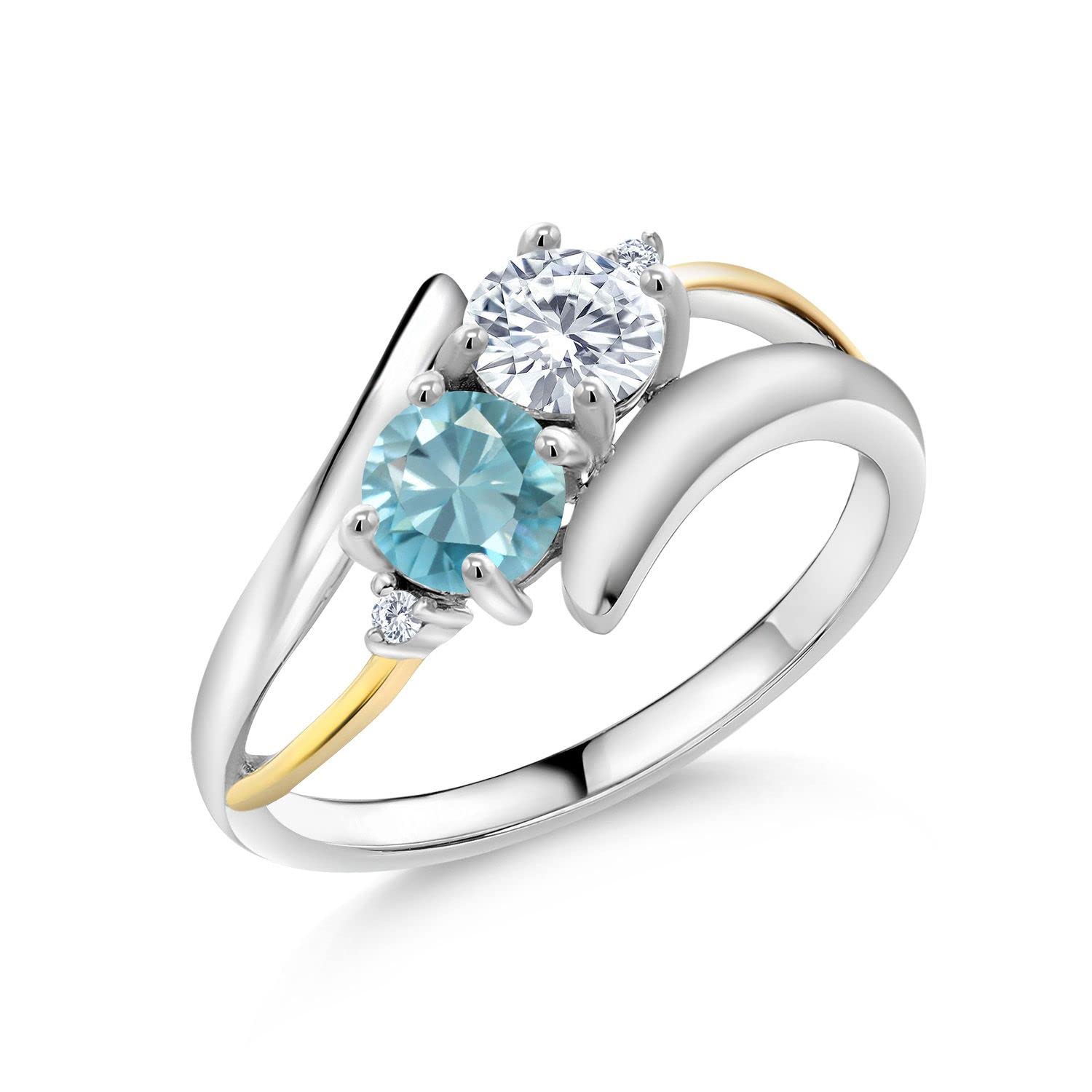 925 Silver & 10K Yellow Gold Lab-Grown Diamond 2 Stone Crossover Ring with 1.37cttw Charles & Colvard Moissanite (IJK Color) - Elegant Wedding Band, Anniversary Gift, Engagement Ring for Women