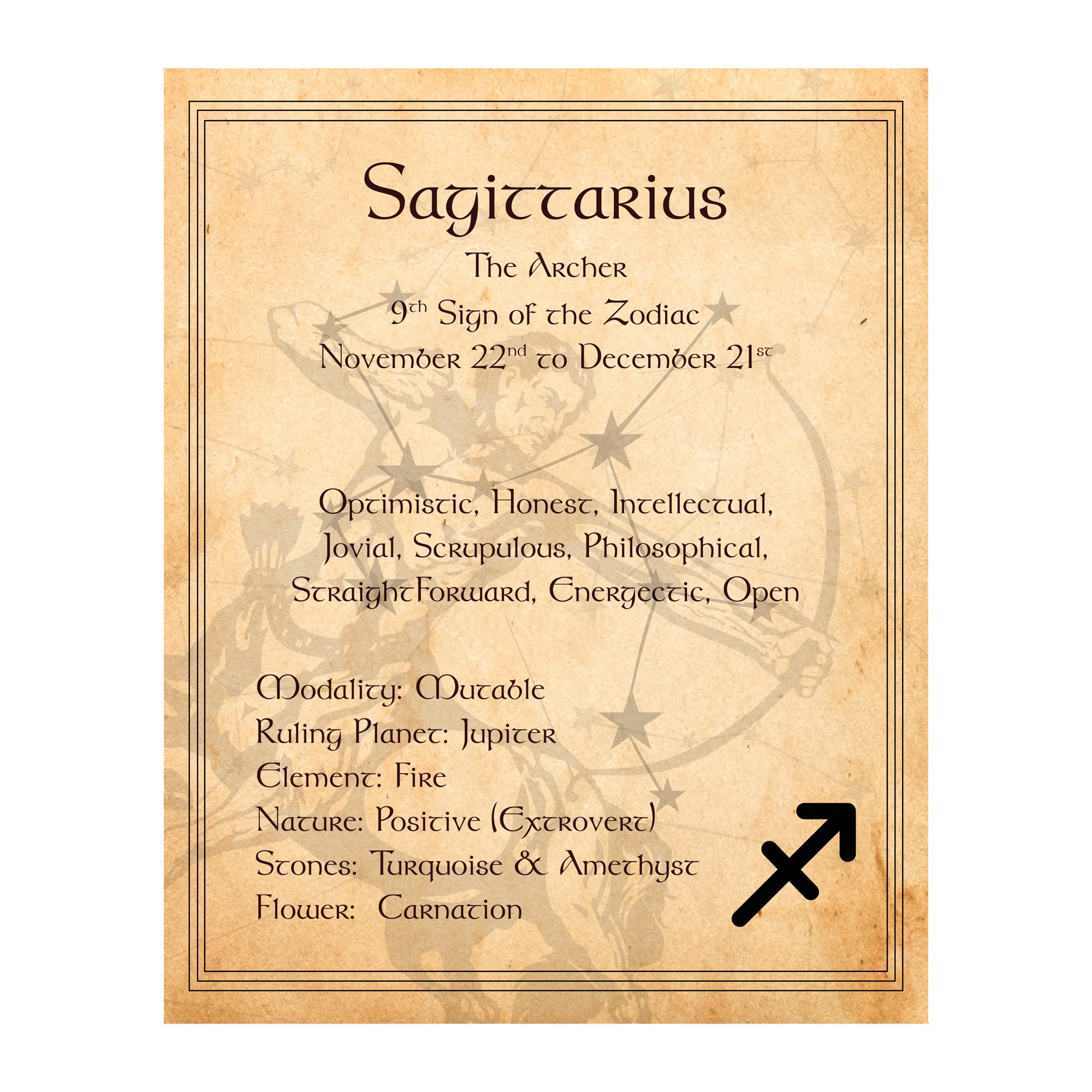 Sagittarius Zodiac Sign Wall Art - Constellation Astrology Decor with Horoscope Adjectives, Primary Elements Print for Home, Office & Bedroom - Unframed 8x10 Inches - Perfect for Zodiac Lovers & Spiritual Spaces