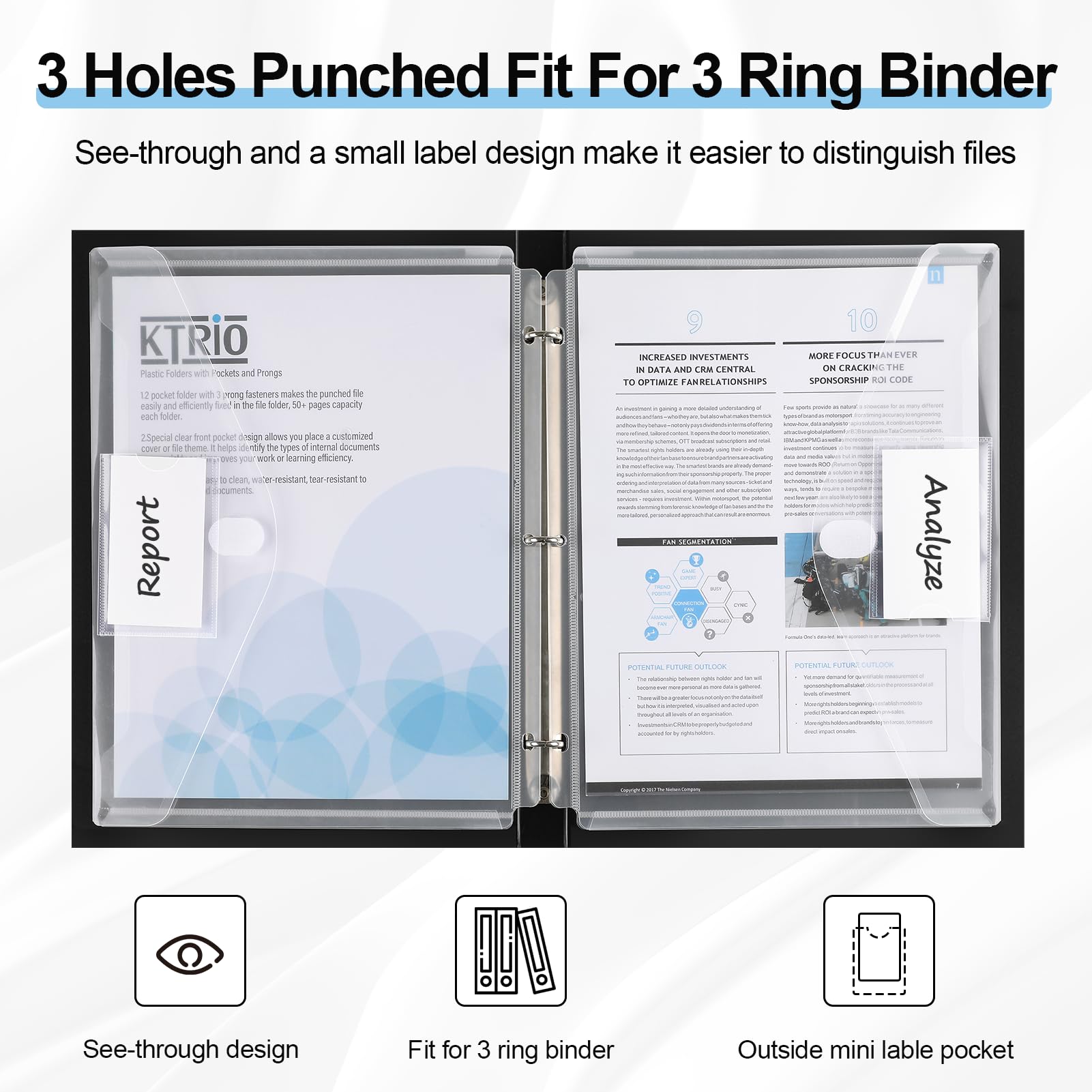 KTRIO 8-Pack Heavyweight Clear Side Loading Binder Pockets with Hook & Loop Closure - 3 Ring Binder Organizer Inserts for Letter Size Documents | Perfect for School, Office & Home Organization