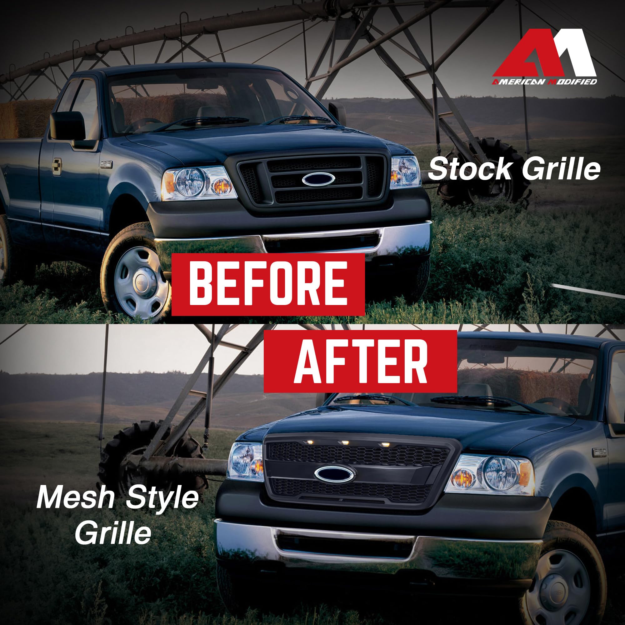 **2004-2008 Ford F150 Raptor Style Mesh Grille with Amber LED Lights & Emblem Base - Matte Black | Off-Road & Custom Truck Upgrade**