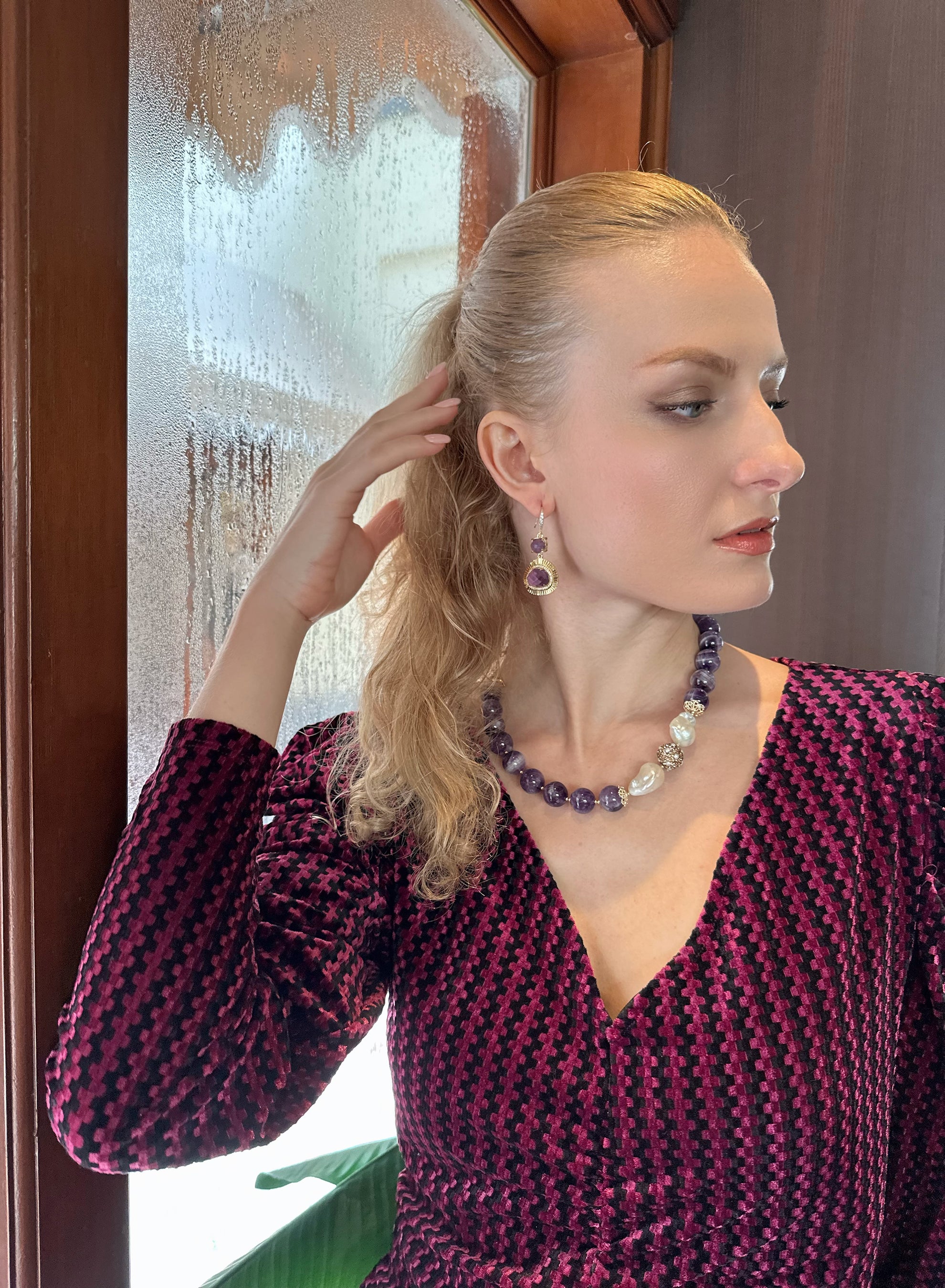 Amethyst Teardrop Dangle Earrings KE028 | Elegant Purple Gemstone Jewelry for Women | Perfect for Weddings, Parties & Special Occasions