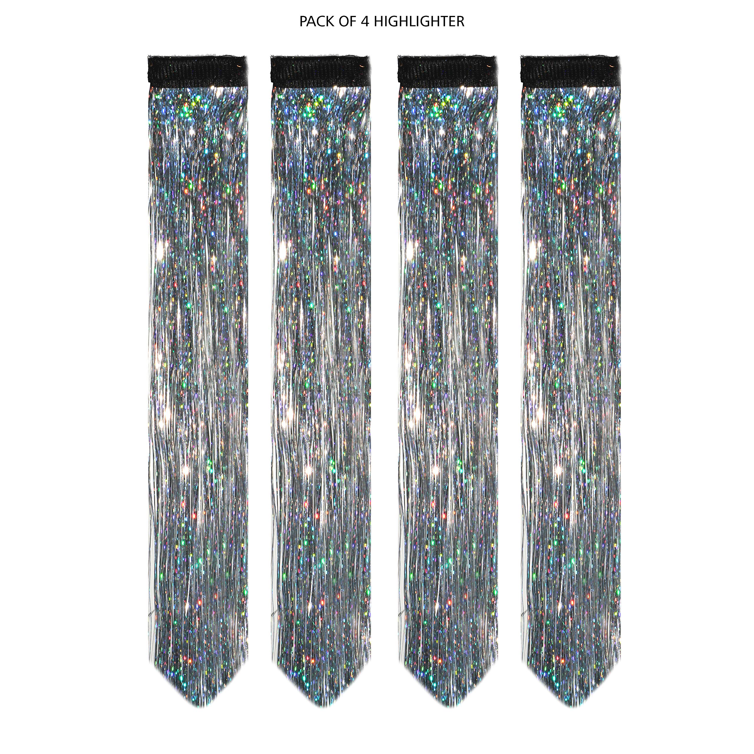 Paradise® Glitter Hair Streaks Extensions - 4 Piece Silver Hair Highlights for Women & Girls | Perfect for Parties, Festivals & Cosplay