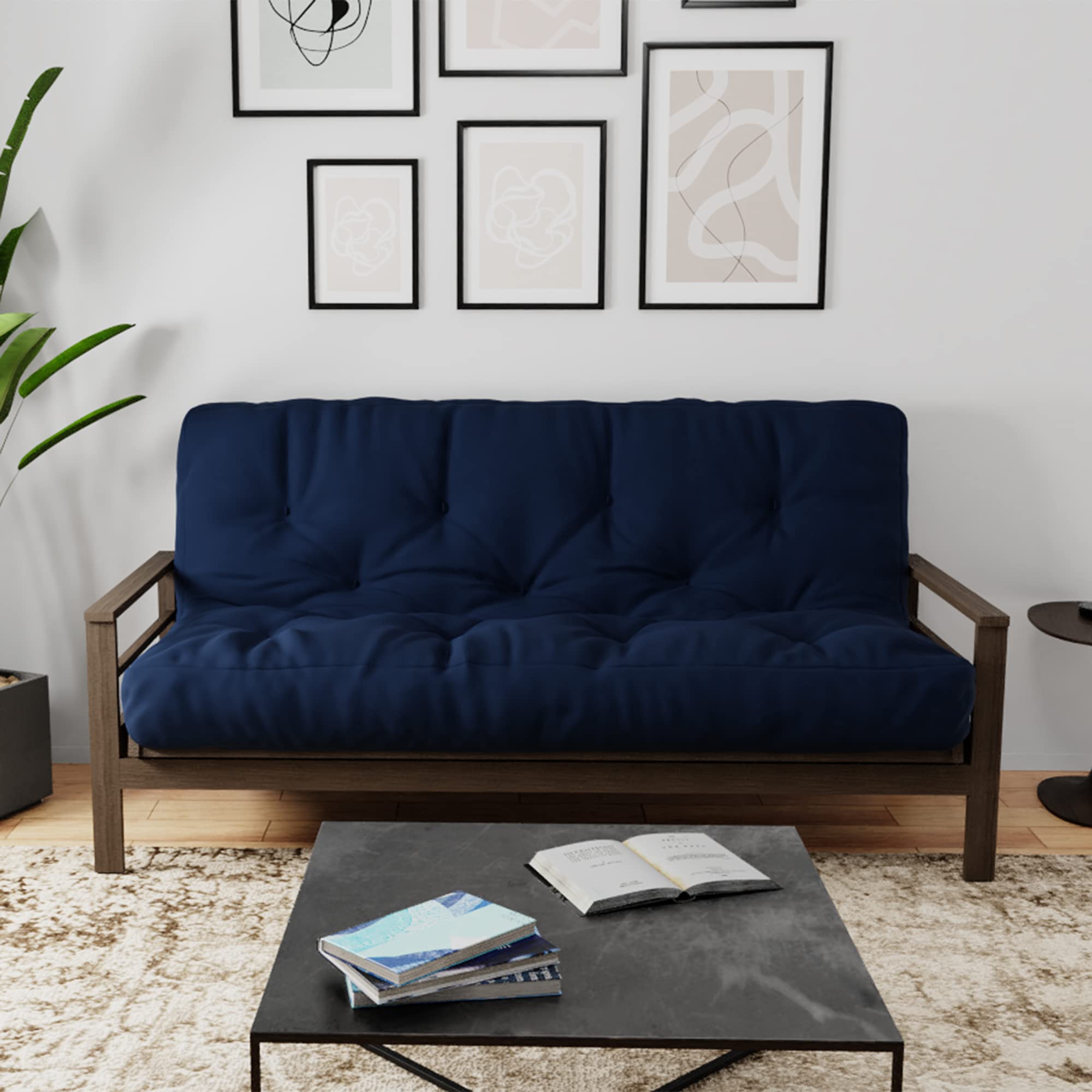 8 Inch Queen Size Foam Futon Mattress with Solid Navy Cover - CertiPUR-US Certified, Made in USA - Perfect for Guest Rooms, Small Spaces & Dorm Rooms - The Futon Factory Royal Sleep Collection (Frame Not Included)