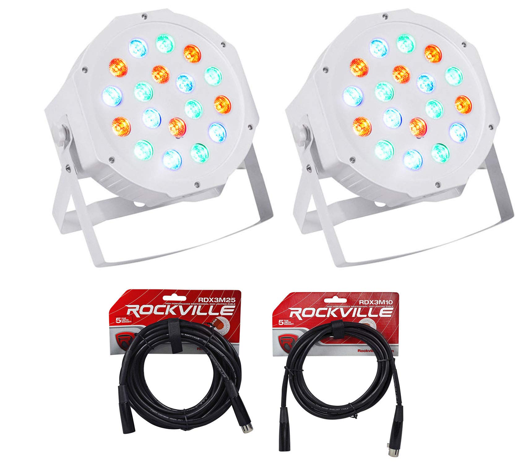 Rockville RockPAR50 WHT LED RGB Par Can DMX Wash Lights with Cables - Professional DJ Lighting for Clubs, Stages, and Events