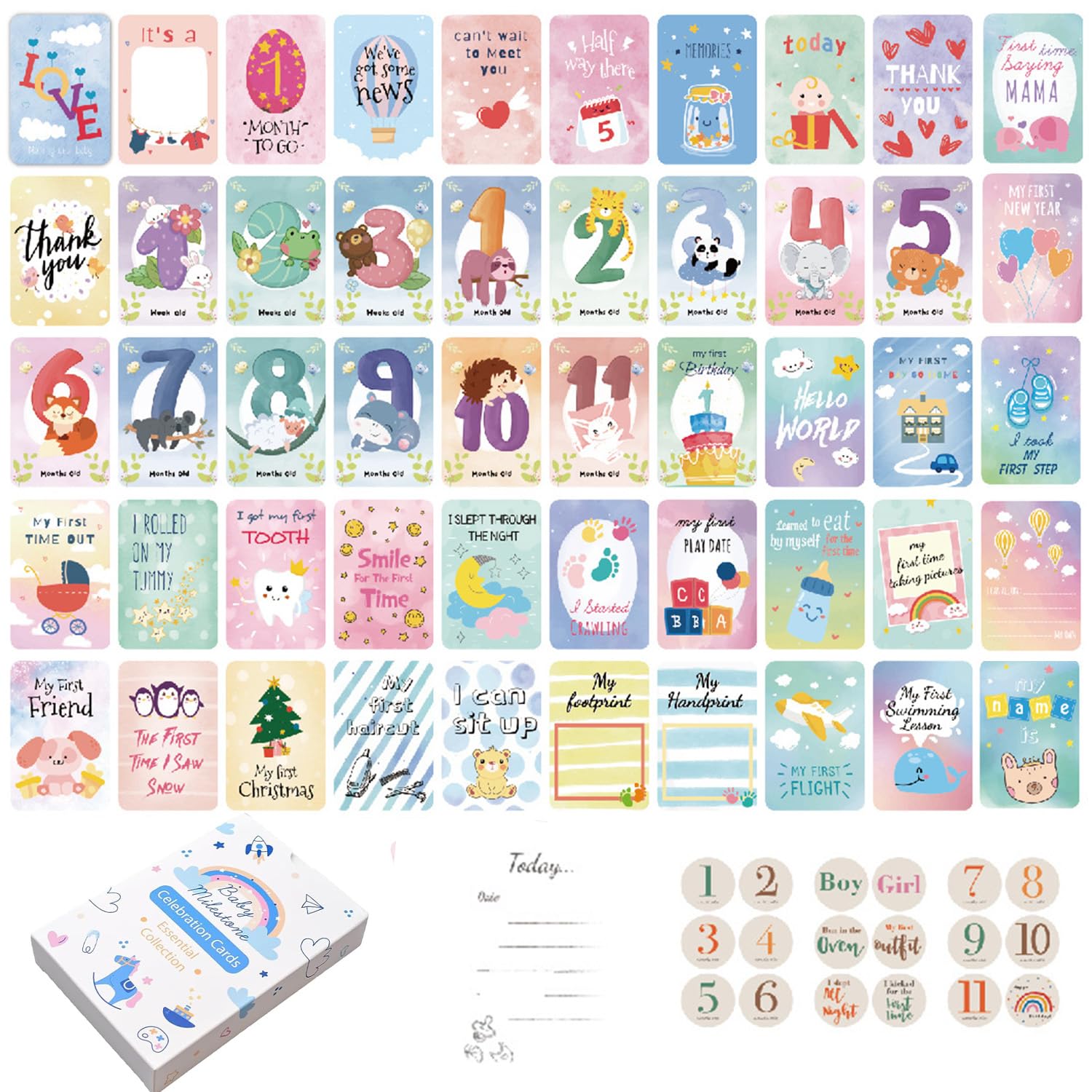 50pcs Baby Milestone Cards - Monthly Growth Markers for Newborn Photography, Nursery Wall Decor & Baby Shower Gifts - Perfect for Recording First Year Memories (Includes Month Stickers) - Ideal for Hospital Photos, Nursery Decor and Baby Memory Books
