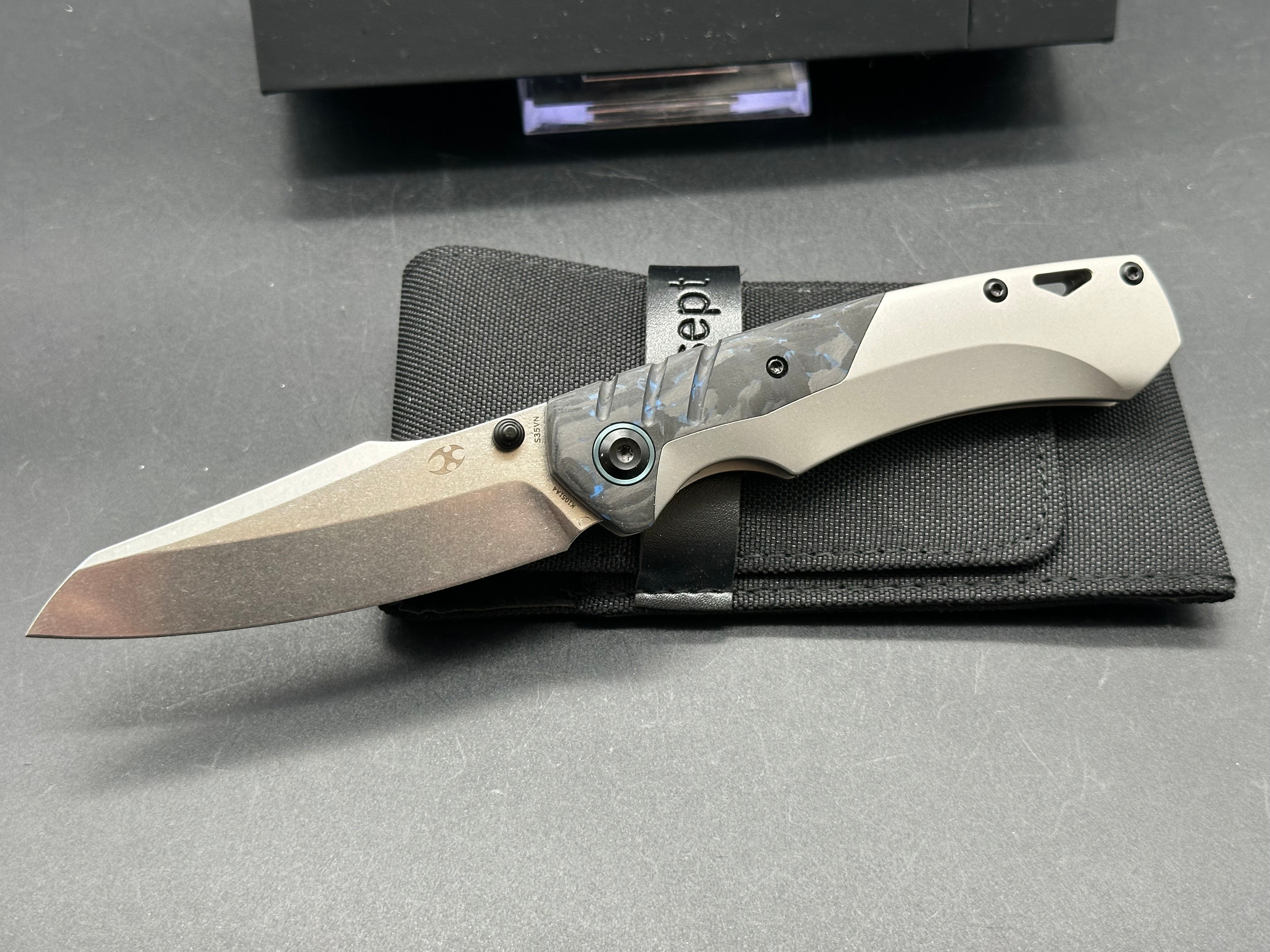 KANSEPT WEIM Folding Knife - Blue/Black Carbon Fiber & Gray Titanium Handle, S35VN Sheepsfoot Blade - EDC, Camping, Outdoor Survival Gear