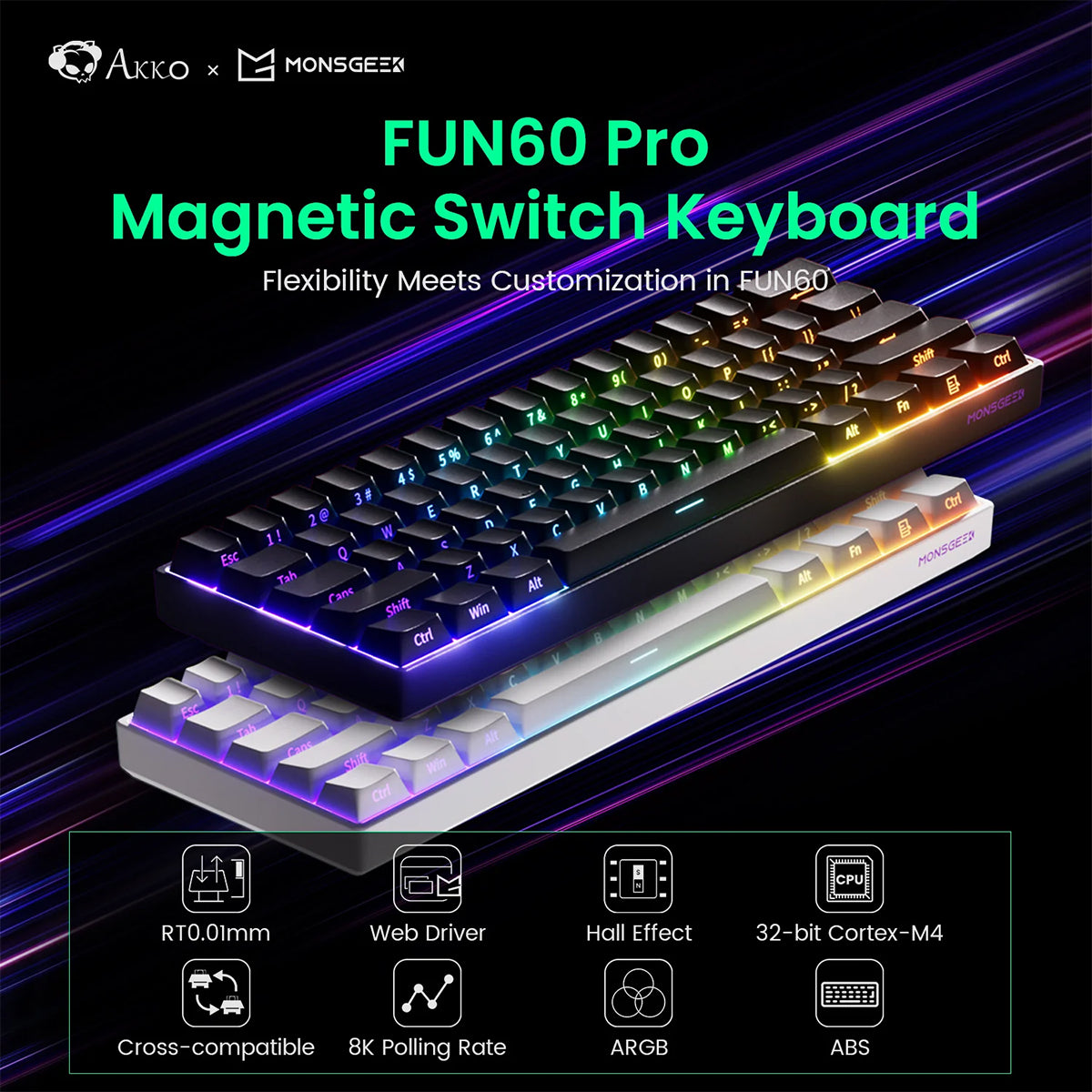 Akko Monsgeek Fun60 Pro 60% Wireless Mechanical Keyboard - Hall Effect Magnetic Switches, Hot-Swappable, RGB Backlit, White Glare Finish - Perfect for Gaming, Typing & Office Work
