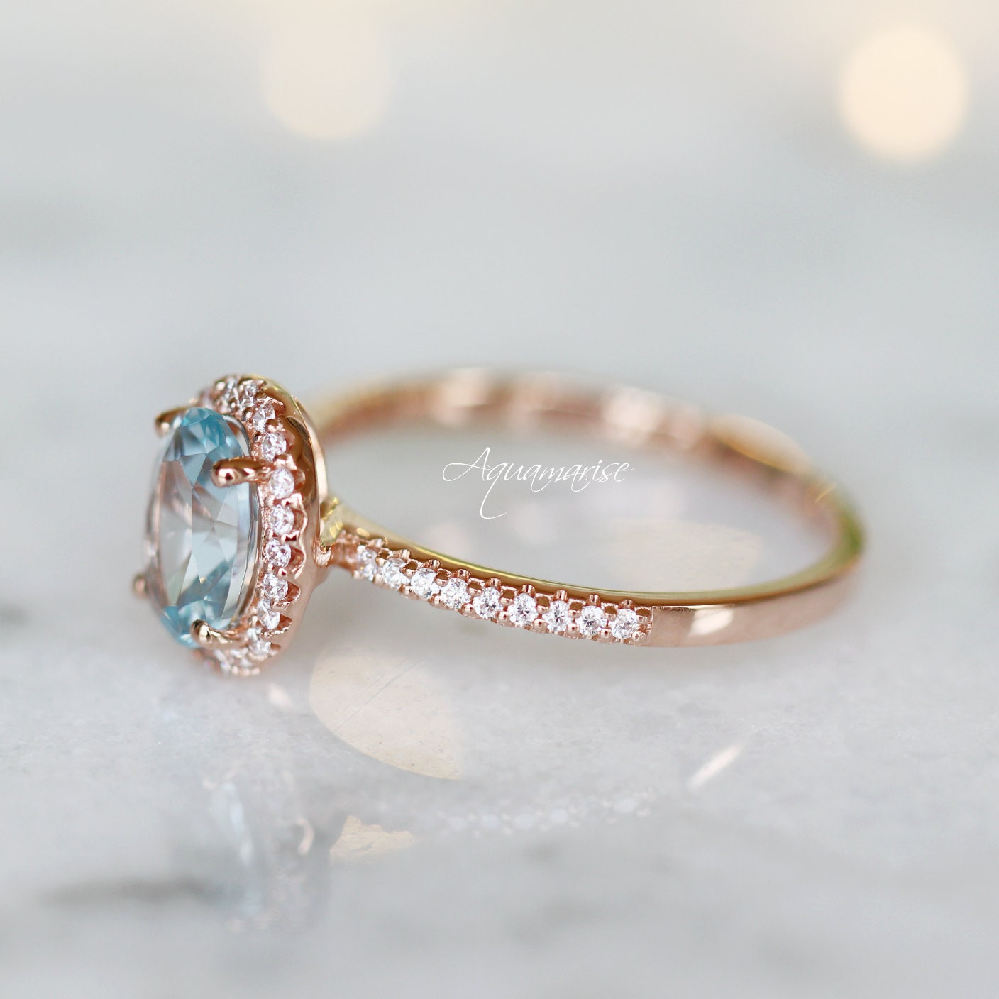 14K Solid Rose Gold Iris Oval Aquamarine Engagement Ring - Elegant Wedding Band, Anniversary Gift for Her, Perfect for Proposals & Special Occasions