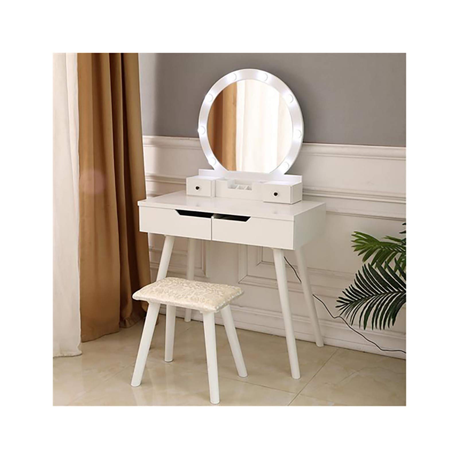 White Vanity Dressing Table with Mirror, Stool & 4 Drawers - Elegant Makeup Desk with Round LED Mirror for Bedroom, Bathroom or Dressing Room