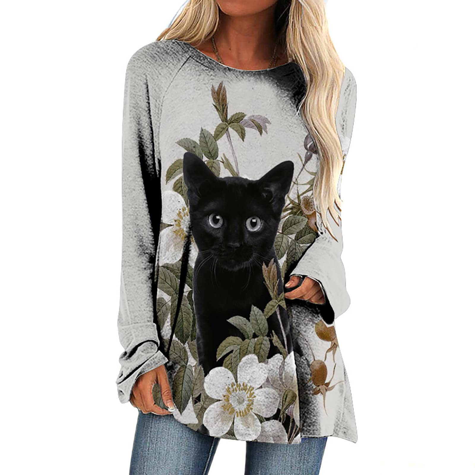 Women's Long Sleeve Animal Print Tunic Top - Flowy Crewneck Pullover Blouse to Wear with Leggings | Casual Outfit, Workwear & Fall Fashion