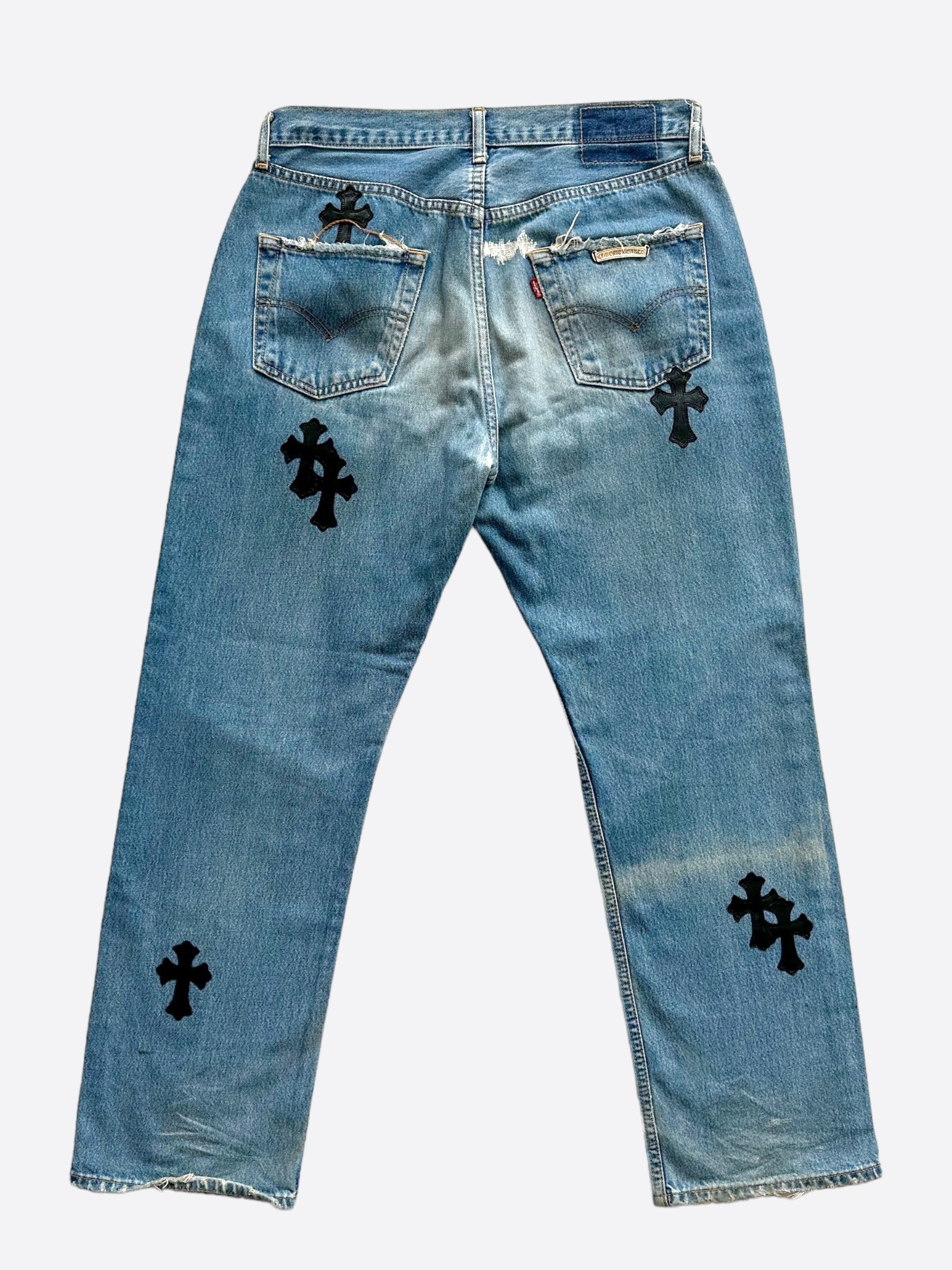 Chrome Hearts x Levi's Blue & Black Cross Patch Denim Jeans for Men - Stylish Vintage Streetwear for Casual Outfits and Night Out