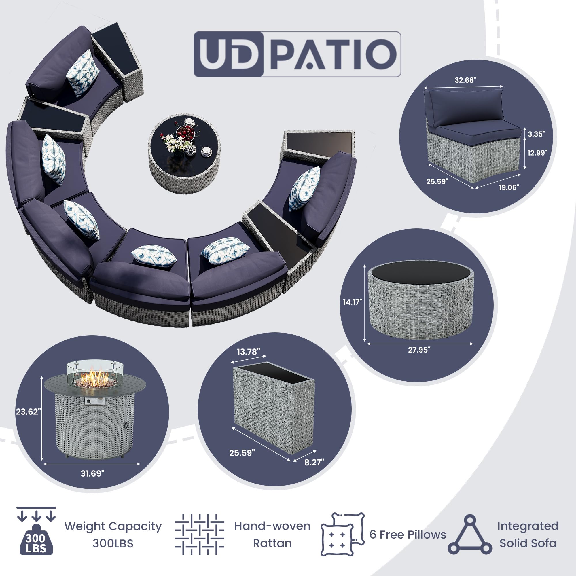 **UDPATIO 4-Piece Fully Assembled Outdoor Sectional Sofa Set - Heavy Duty Wicker Half-Moon Curved Modular Patio Furniture for Porch, Backyard, Garden & Poolside (Blue) - Perfect for Relaxing, Entertaining & Outdoor Gatherings**