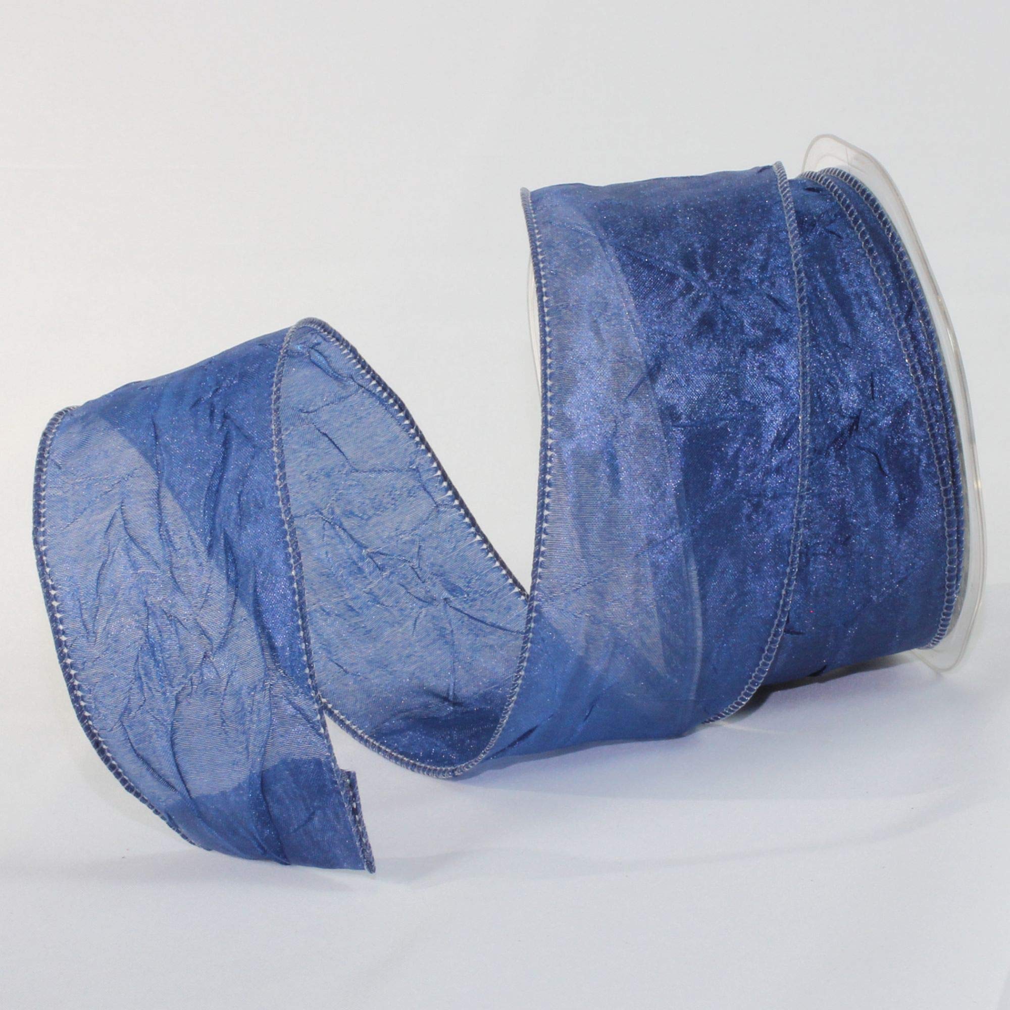 Shimmering Navy Blue Crinkled Satin Silk Wired Craft Ribbon - 2 Inch x 27 Yards for Gift Wrapping, Wedding Decorations & DIY Crafts