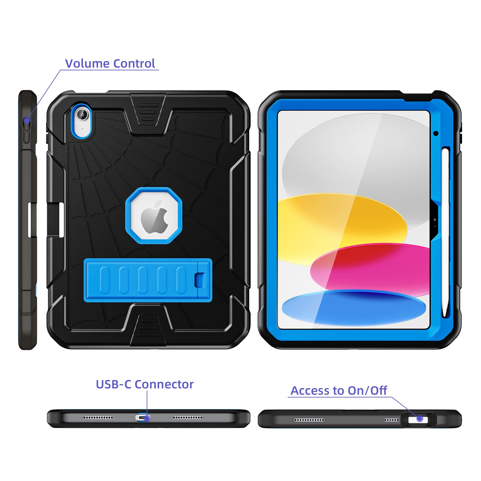 Sibeitu Rugged Shockproof Case for iPad 10th Generation (2025/A16) 10.9 Inch - Hard Protective Cover with Pencil Holder & Built-in Stand | Durable iPad 10 Case for Kids, Students & Professionals | Perfect for School, Work & Travel (Black+Blue)