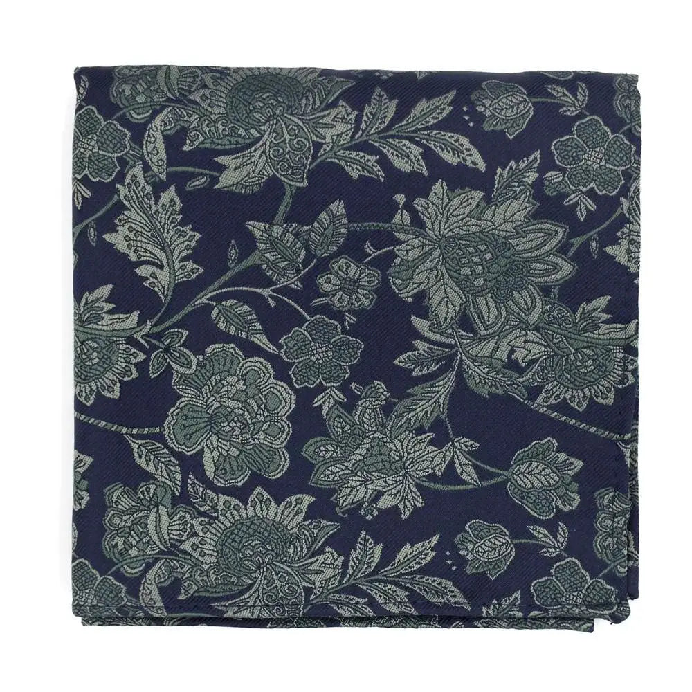 L A Smith Sage On Navy Bold Floral Tie and Pocket Square Set - Perfect for Weddings, Formal Events & Business Attire