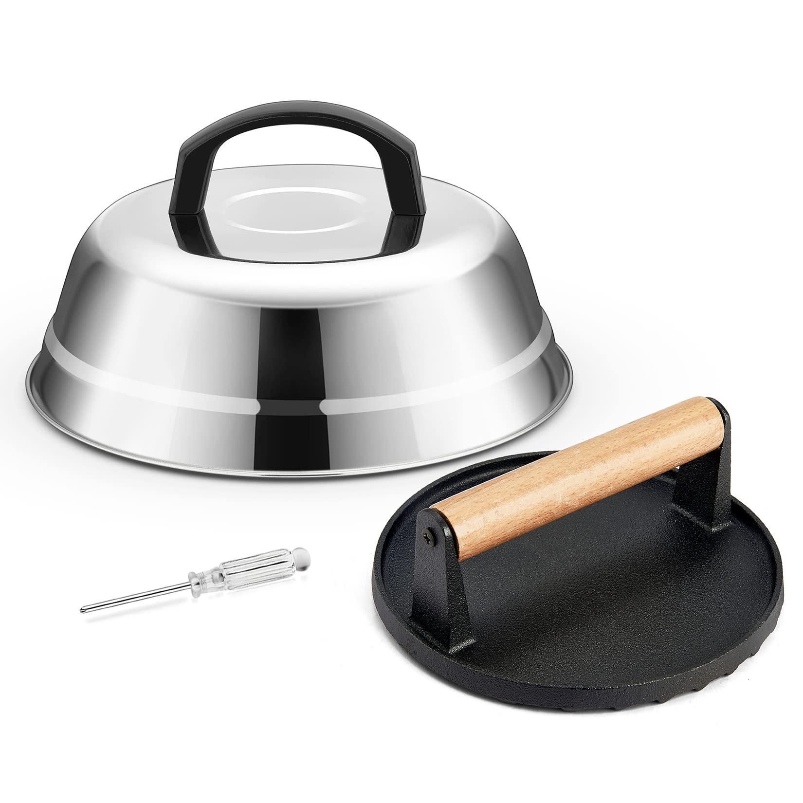 9 Inch Stainless Steel Cheese Melting Dome & Cast Iron Grill Press Kit - Joyfair Griddle Basting Cover for Burgers, Sandwiches & Flat Top Cooking | Perfect for Outdoor Camping, BBQ, Teppanyaki & Home Kitchen Use | Dishwasher Safe