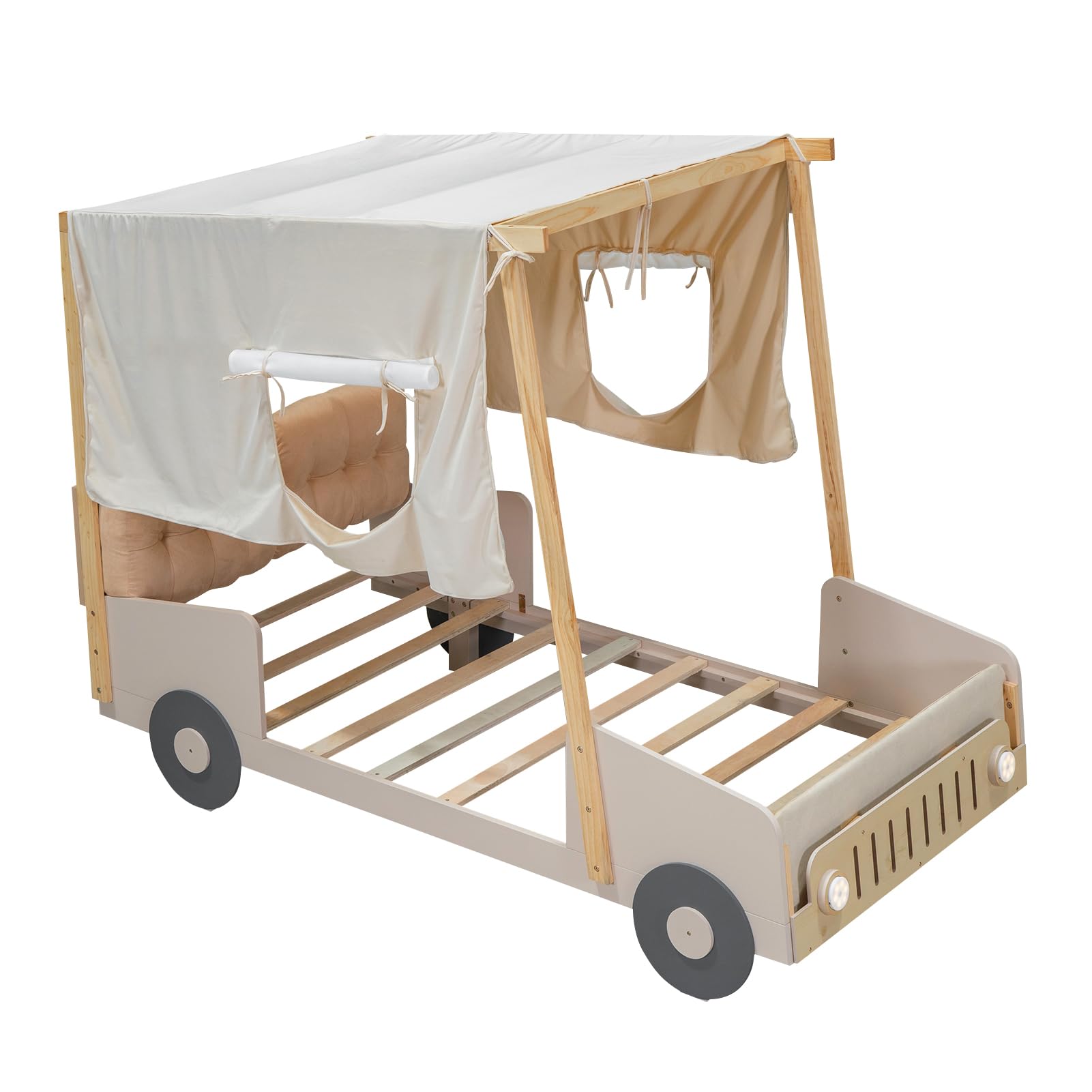 Twin Size Kids Car Bed with LED Lights & Headboard - Toddler Floor Bed Tent for Boys & Girls - Natural Wood Design - Perfect for Playrooms, Bedrooms & Sleepovers