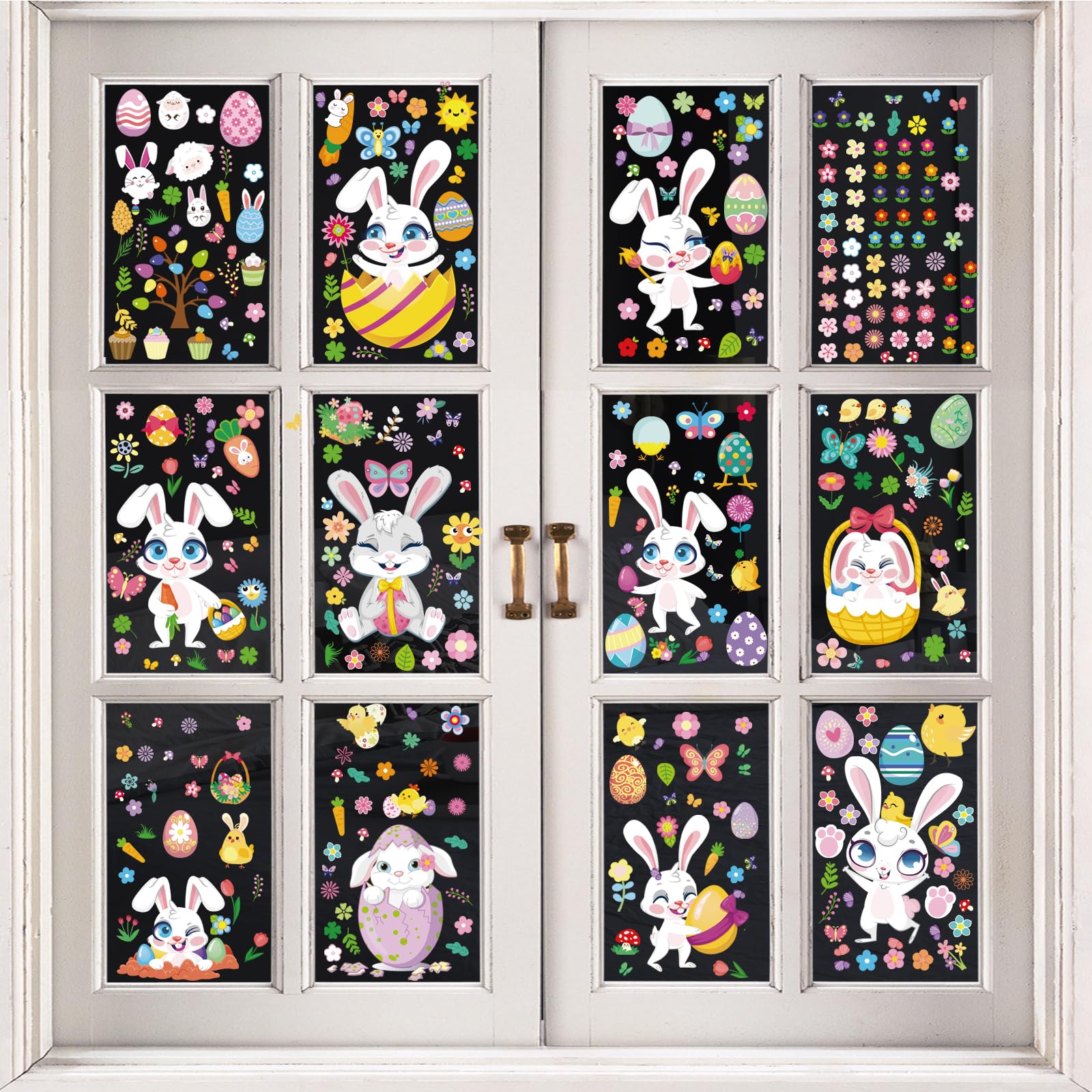 12 Sheets Easter Window Clings - 366 Reusable Double-Sided Static Window Stickers for Holiday Home Decor | Large 12x9 Inch Easter Decals for Glass Windows, Classroom, Office | Perfect for Spring Decorations, Easter Party, and Classroom Activities