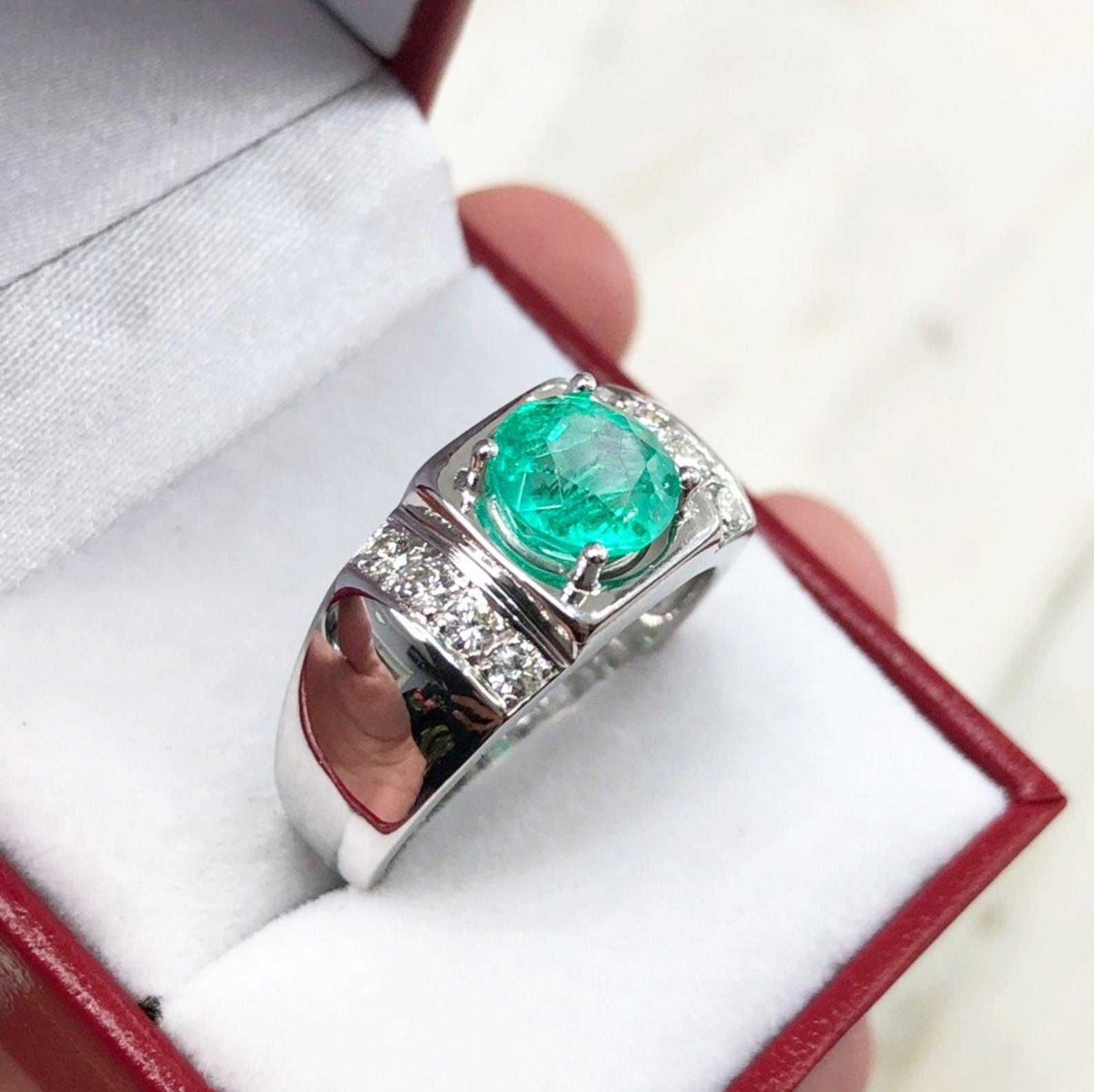 3.10tcw Round Colombian Emerald & Diamond Men's Ring for Wedding, Engagement, Anniversary - Luxury Handmade Jewelry Gift for Him
