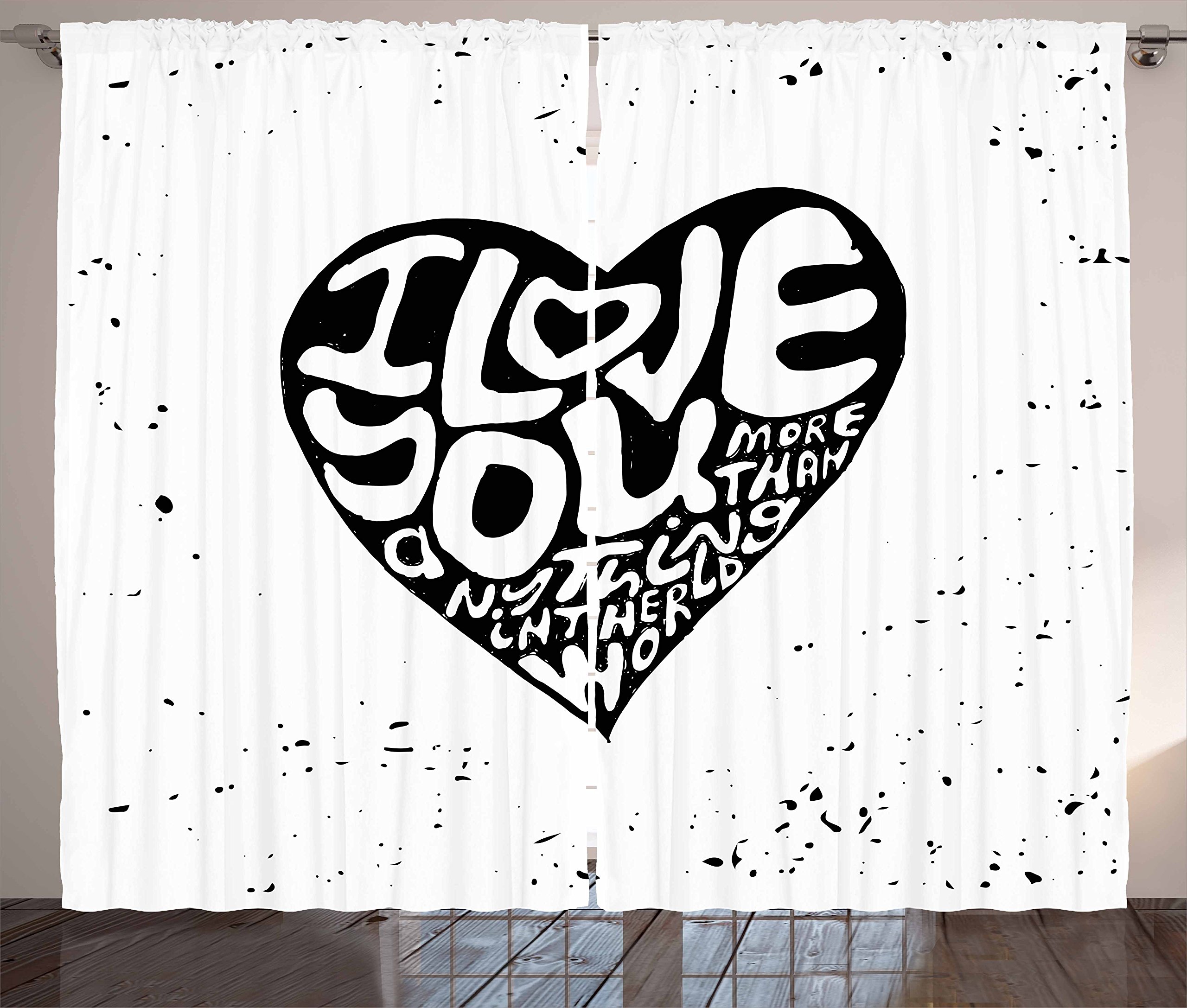 Ambesonne I Love You More Curtains - Heart Calligraphy Grunge Design, Inspirational Black & White Window Drapes (2 Panels, 108x90 Inches) for Living Room & Bedroom Decor | Perfect for Romantic Home Decor & Gift Ideas