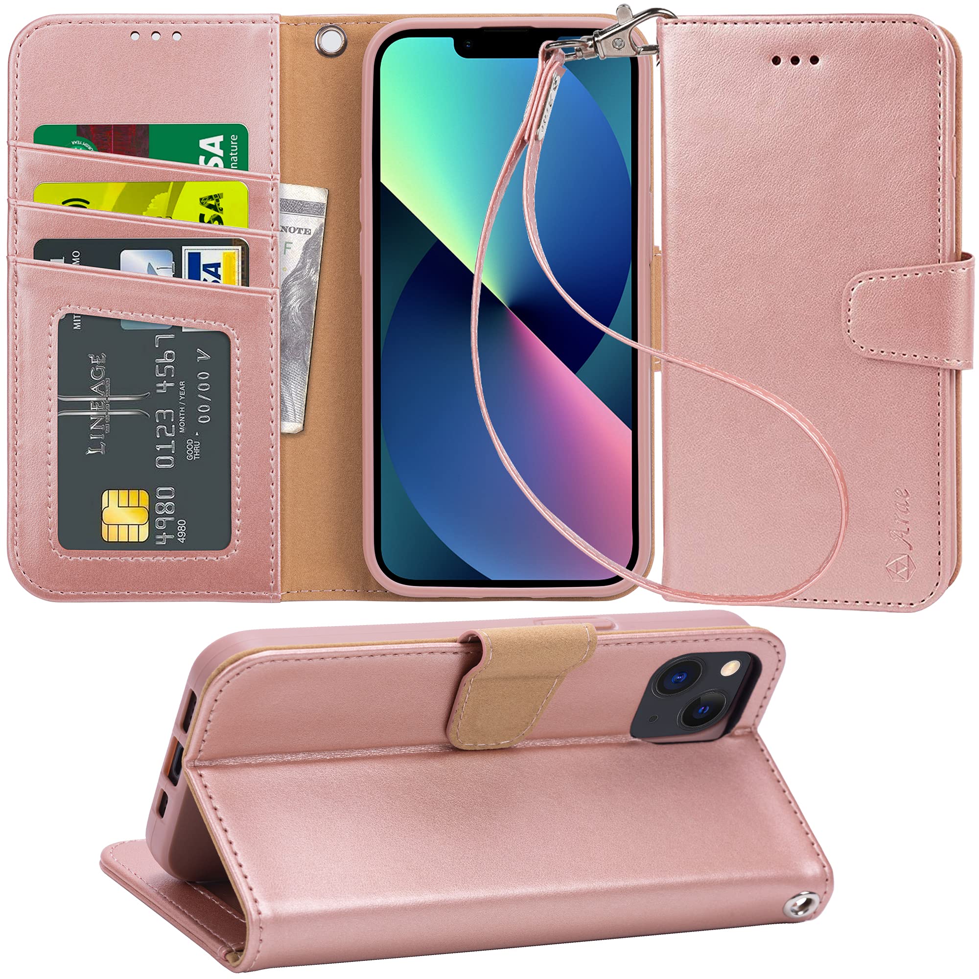 Arae iPhone 13 Wallet Case with Card Holder & Wrist Strap - Rose Gold Flip Cover for 6.1