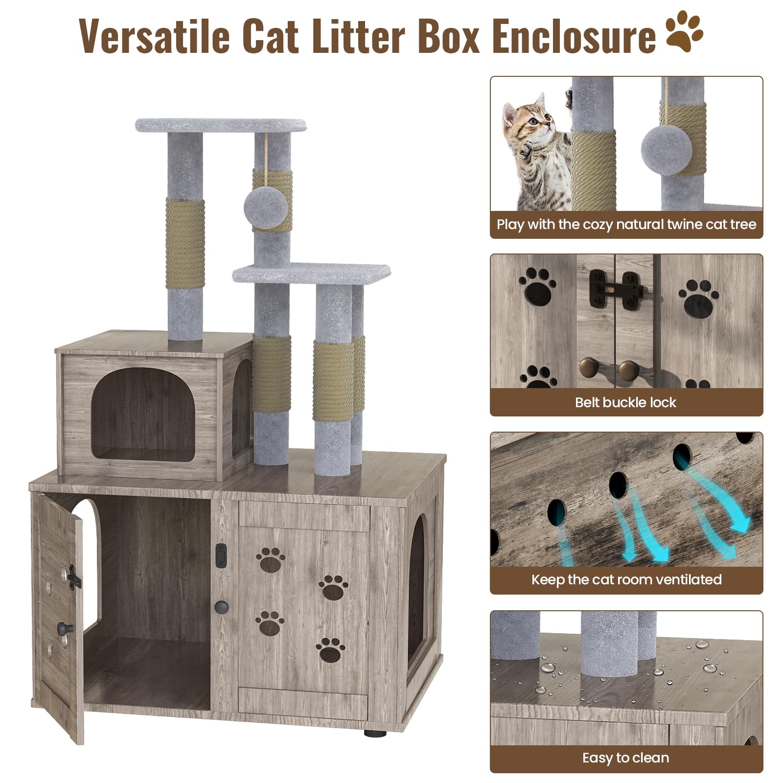 Recaceik Wooden Cat Litter Box Enclosure with Cat Tree & Scratching Post - Hidden Cat Washroom Furniture with Divider, Soft Plush Perch & Platform - Indoor Pet Cabinet for Small Spaces (Gray) - Perfect for Apartments & Multi-Cat Homes
