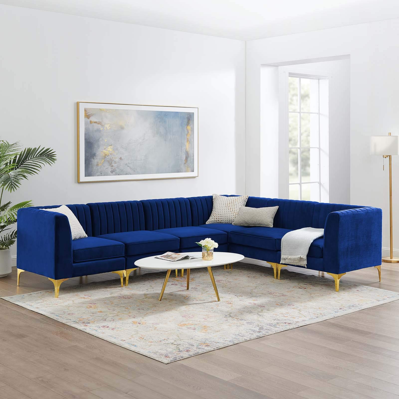 Modway Triumph Channel Tufted Performance Velvet 6-Piece Sectional Sofa in Navy Blue - Modern Living Room Furniture for Small Spaces, Apartment & Home Theater Seating