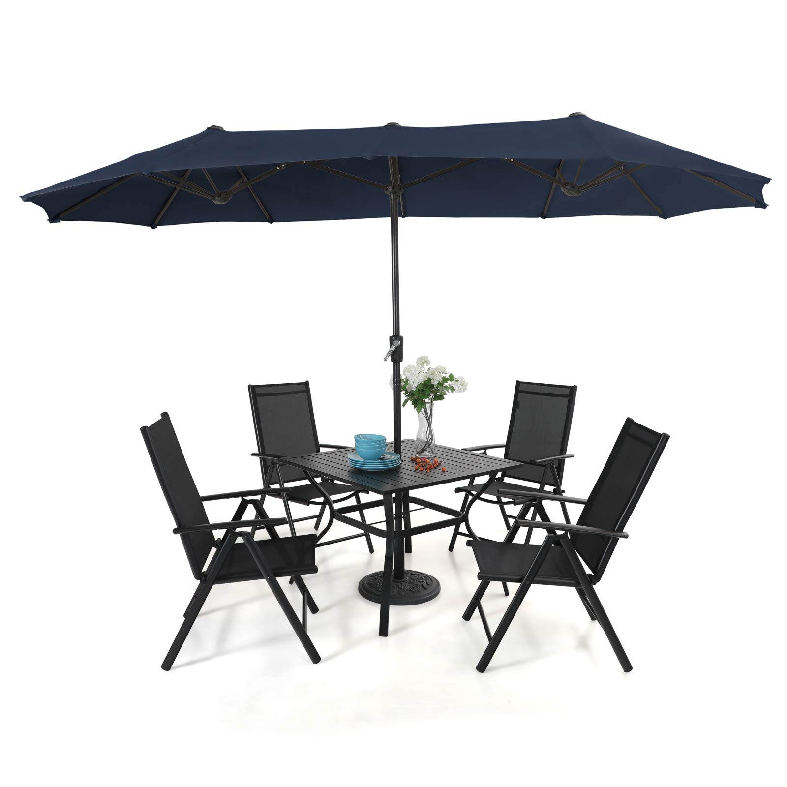 PHI VILLA 4-Piece Outdoor Patio Dining Set with Large Navy Blue Umbrella - Weather-Resistant Folding Chairs & Table for Backyard, Garden, Poolside or Deck - Perfect for BBQs, Family Gatherings & Outdoor Entertaining