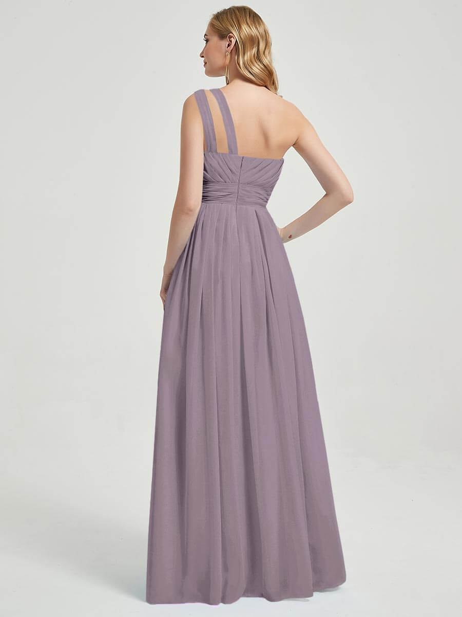 Elegant Dusk Pleated One Shoulder A-Line Floor Length Chiffon Bridesmaid Dress - Perfect for Weddings, Formal Events & Evening Parties