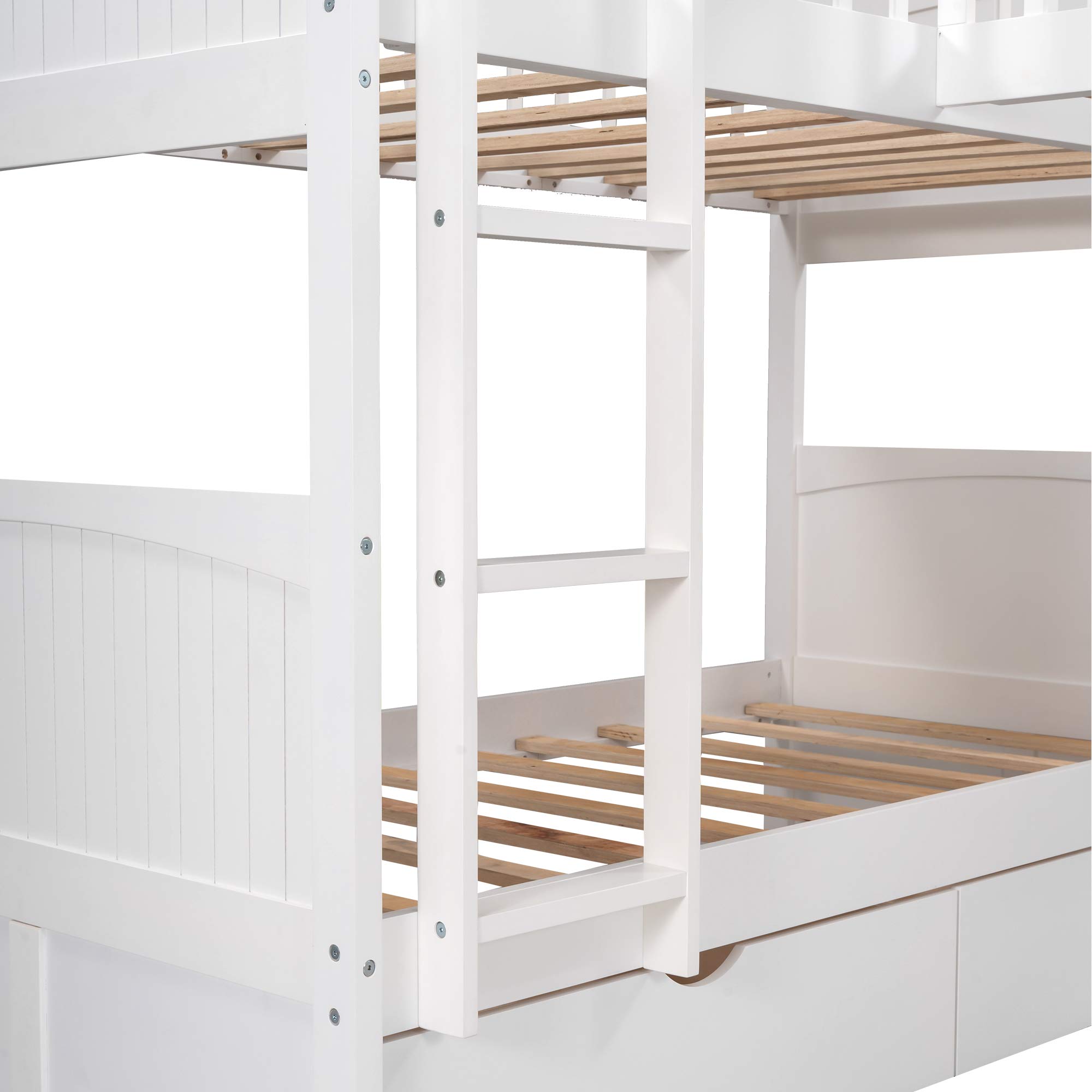 KLMM Twin Over Twin L-Shaped Corner Bunk Bed with Loft - Space-Saving 3-Person Bunk Bed Frame with 2 Storage Drawers & Dual Ladders for Kids, Teens & Adults (White) - Perfect for Small Bedrooms, Guest Rooms & Vacation Homes