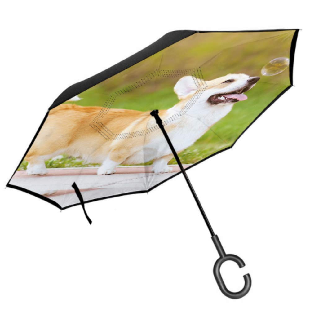 Happy Fun Dog Soap Bubbles Double Layer Waterproof Windproof Reverse Golf Umbrella - Inverted Auto Umbrella with C-Shaped Handle for Car, Outdoor Travel, Rain & Sun Protection - Perfect for Commuting, Golfing, and Daily Use