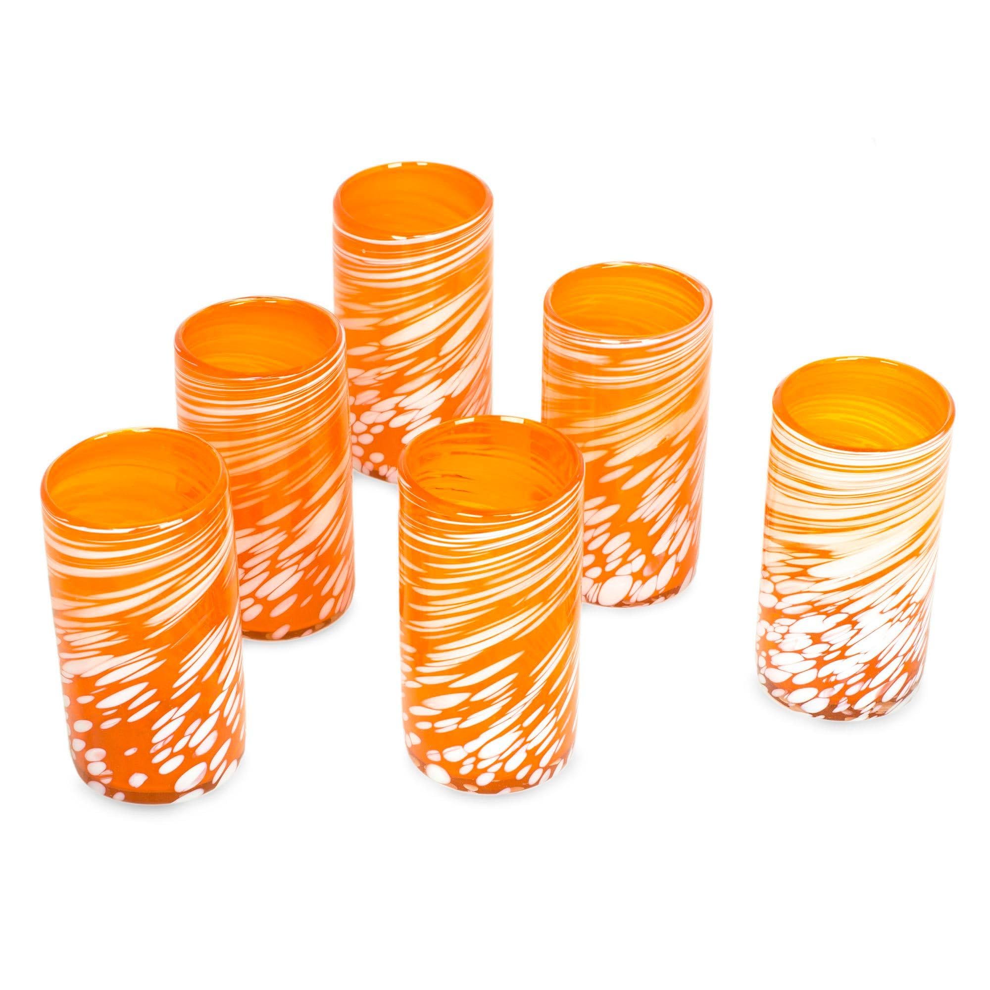 NOVICA Handblown Recycled Glass Tumblers Set of 6 - Striped Juice Glasses, Elegant Emerald Orange Drinkware, 6