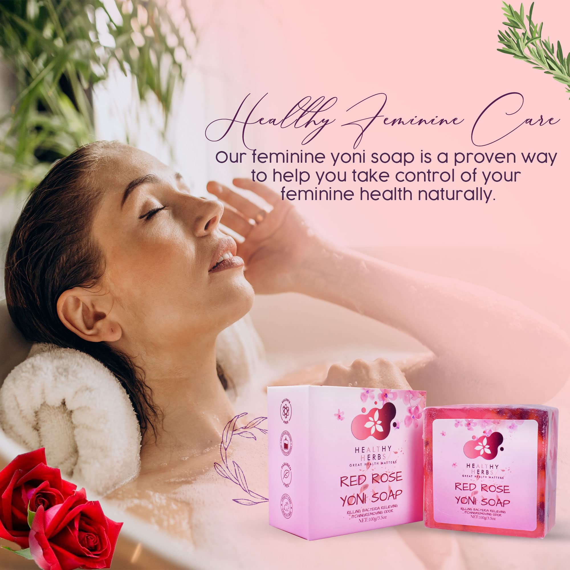 Organic Yoni Soap for Women - 100% Natural Feminine Wash Bar (3.5 oz) with pH Balance | Handmade Herbal Soap with Red Rose Extract | Eliminates Odor & Supports Vaginal Health | Perfect for Daily Intimate Care & Post-Workout Freshness