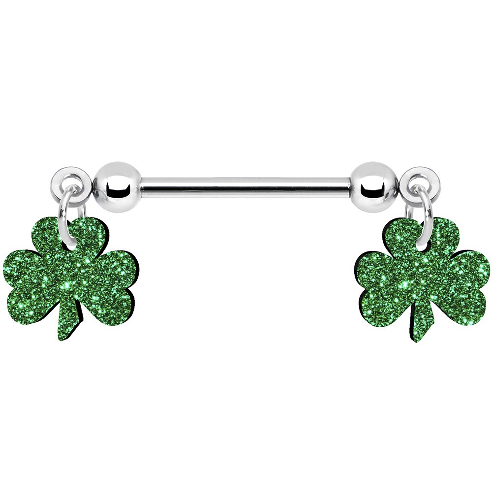 Body Candy Green Glitter Shamrock Nipple Ring Set of 2 - Irish Themed Belly Button Rings for St Patrick's Day & Body Jewelry Parties
