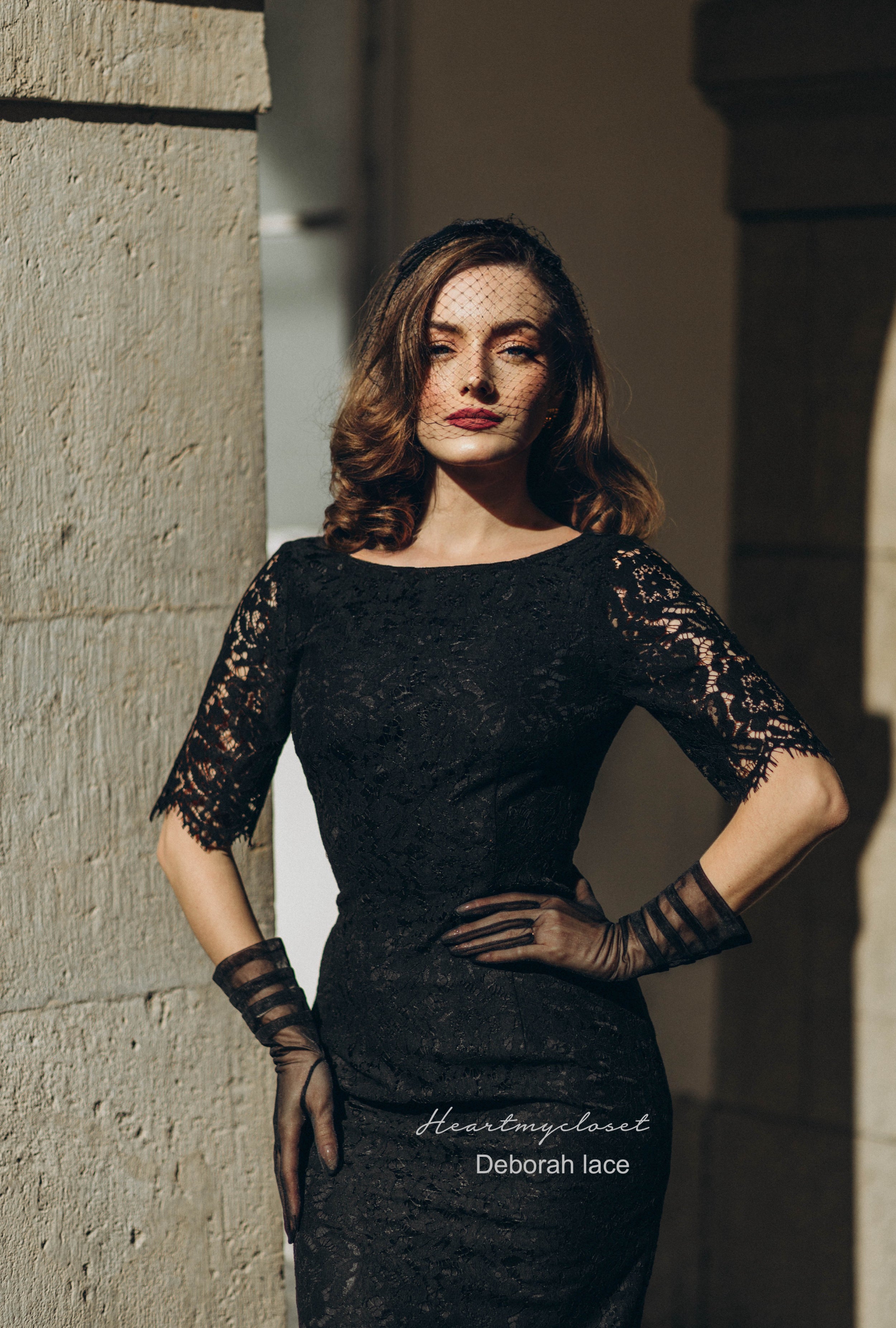 Vintage 1950s Inspired Lace Deborah Pleated Back Pencil Dress - Retro Cocktail Party & Formal Evening Wear